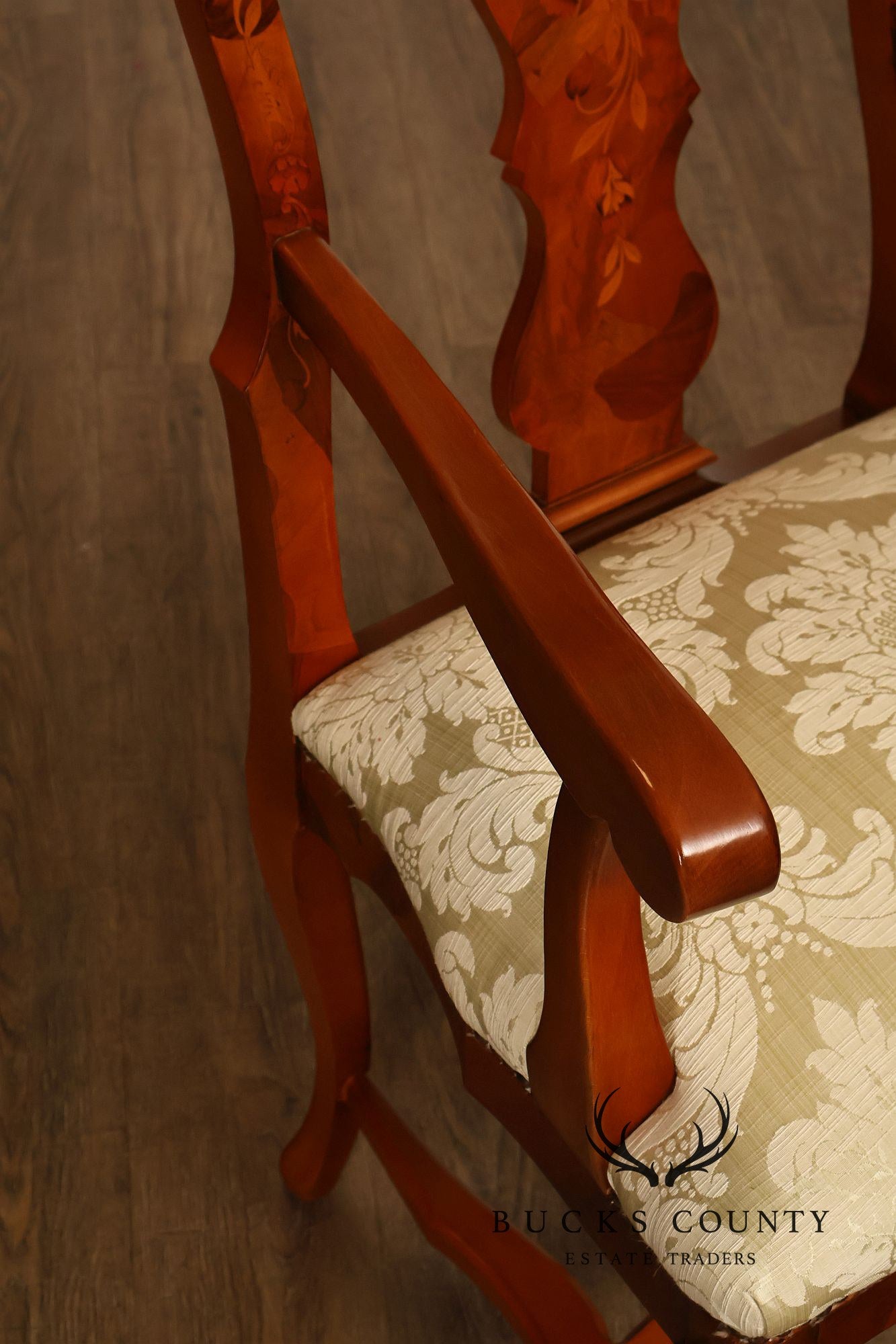 Italian Baroque Style Set of Eight Inlaid Olive Wood Dining Chairs