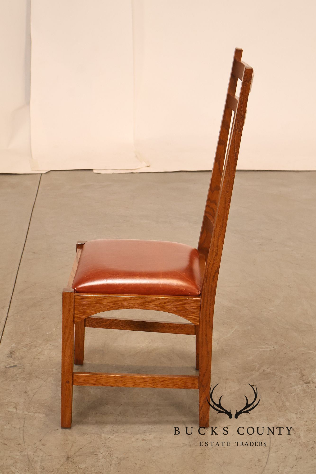 Stickley Harvey Ellis Set of Four Inlaid Oak and Leather Dining Chairs