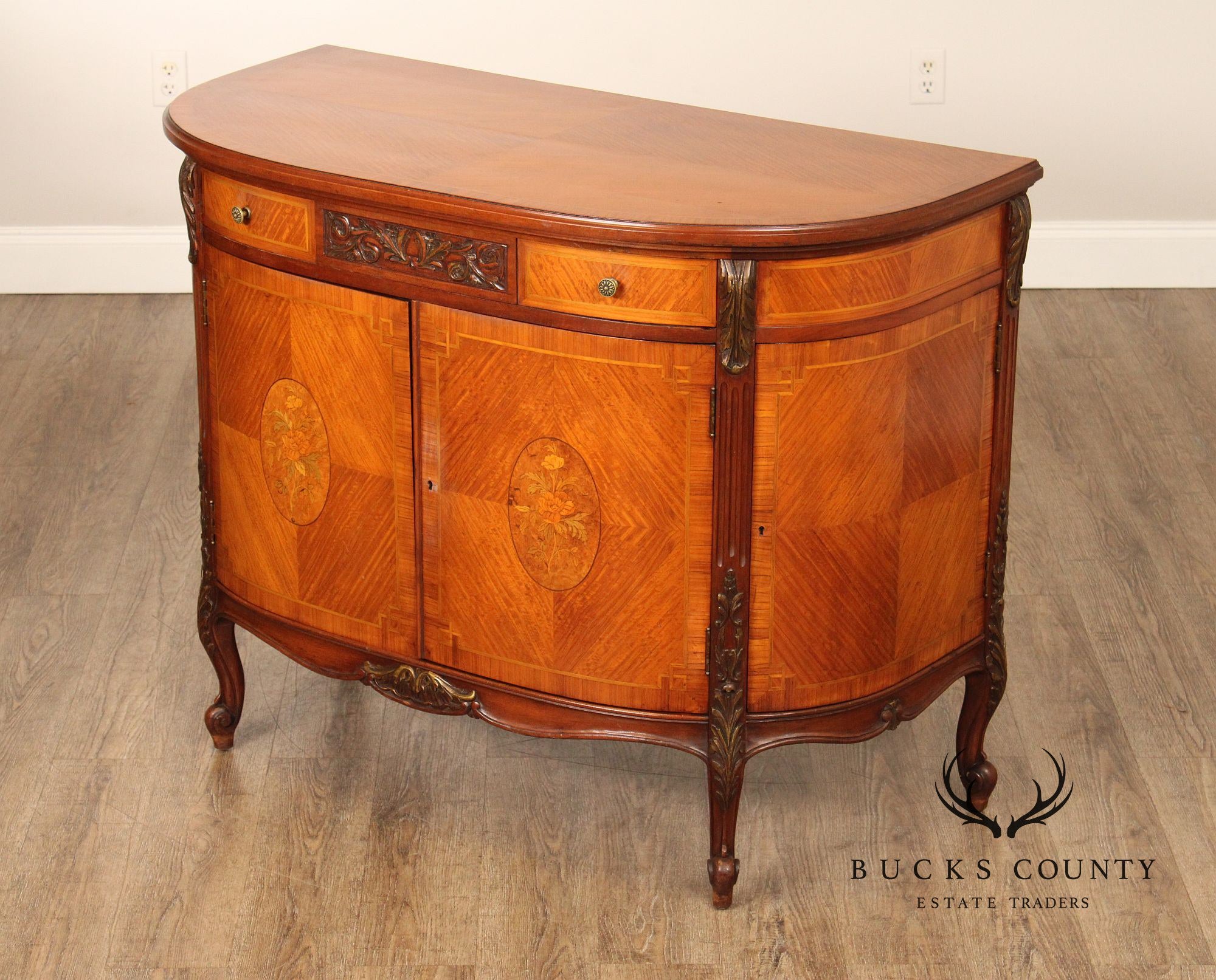 1930's French Louis XV Style Inlaid Satinwood Demilune Commode