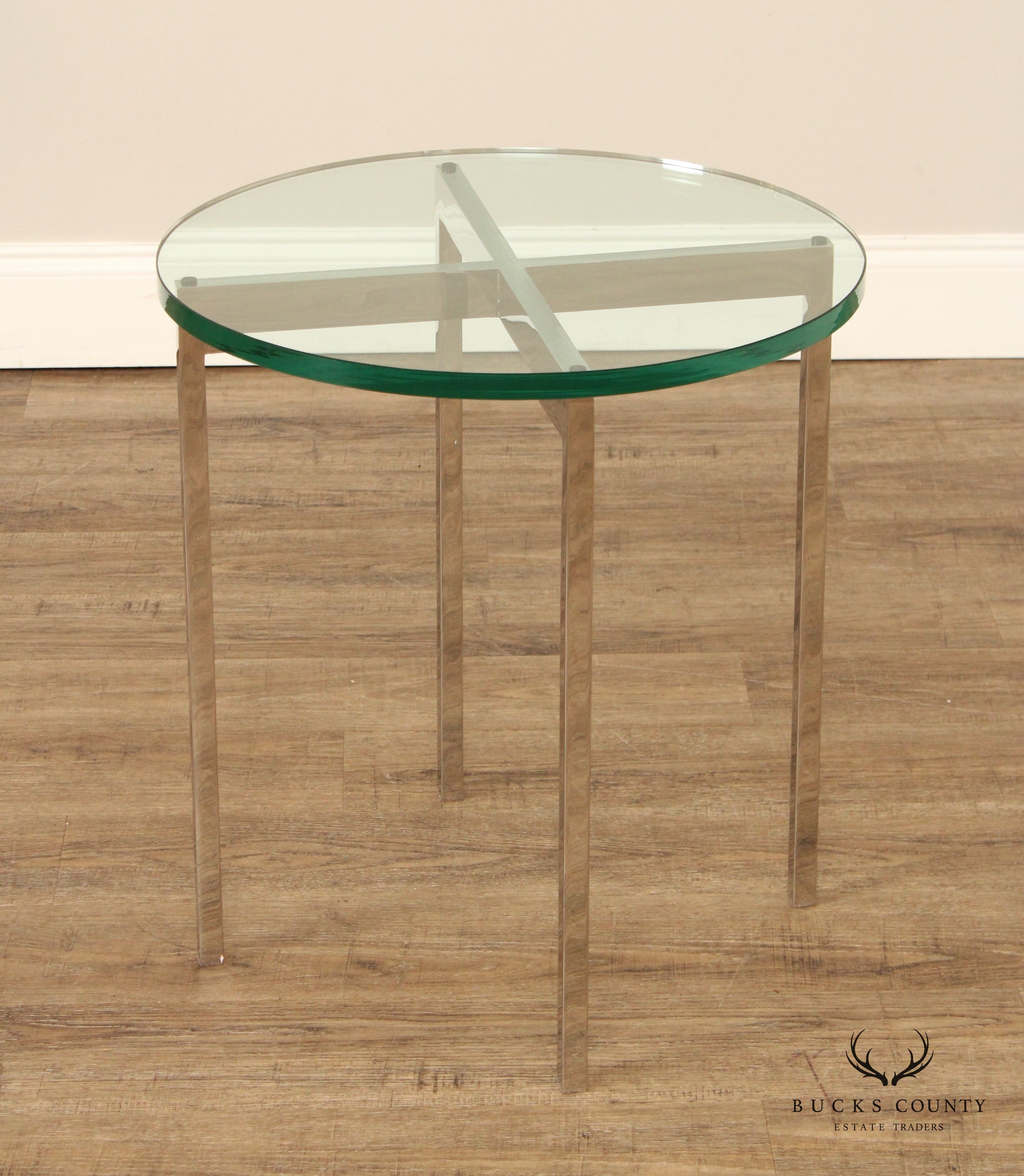 Postmodern Pair of Chrome Frame Round Glass Top Side Tables