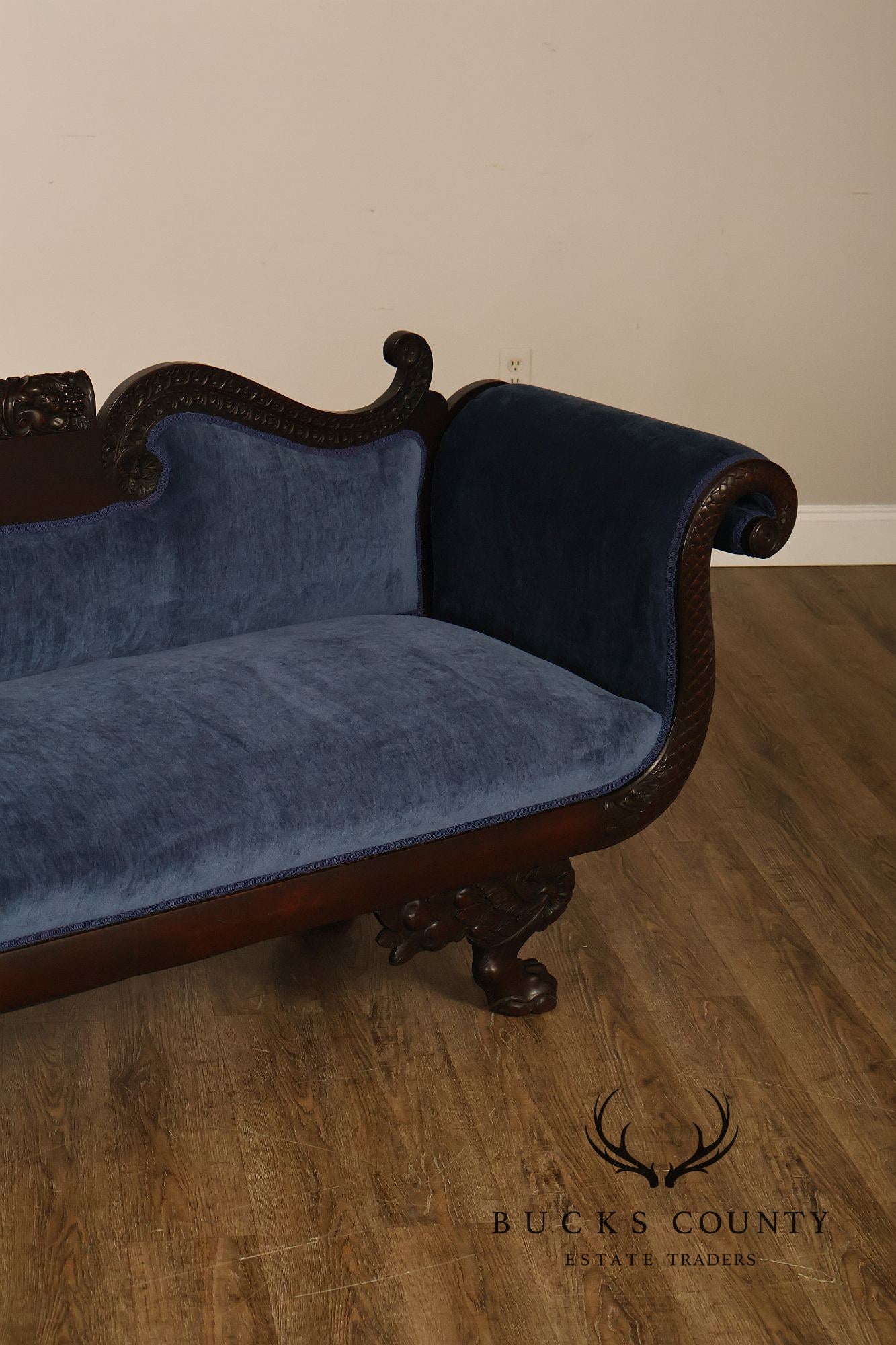 Antique American Empire Mahogany Carved Swan Arm Sofa With Blue  Upholstery