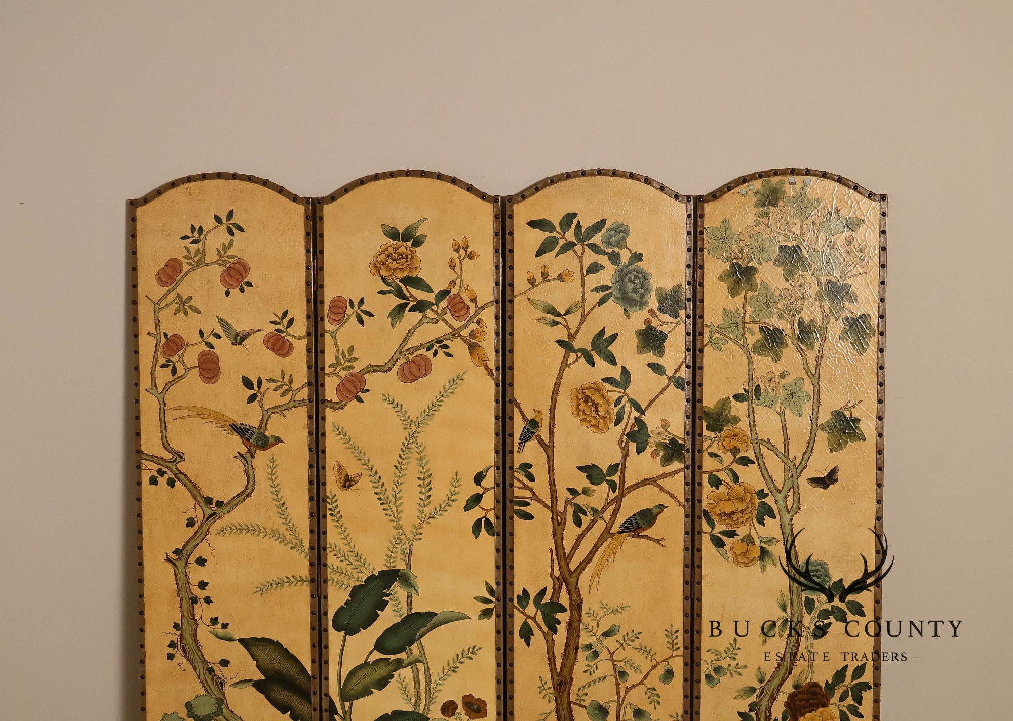 Decorative Crafts Chinoiserie Style Four Panel Hand-Painted Folding Screen