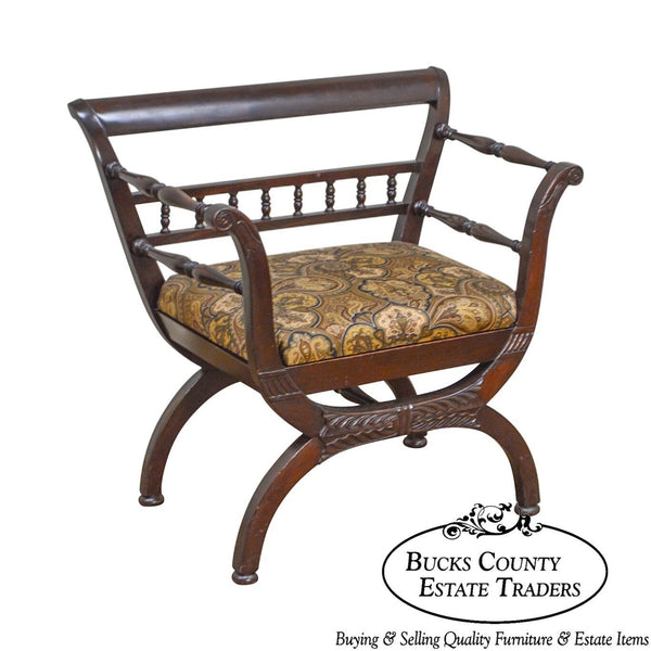 Vintage Carved Mahogany Wide Seat Curule Arm Chair