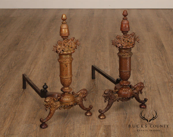 French Louis XVI Style Antique Pair Brass Andirons