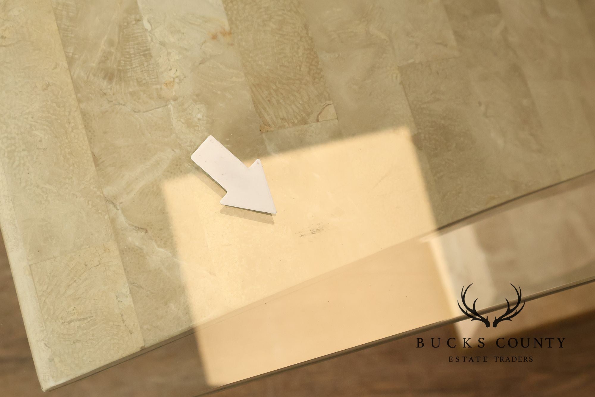 Postmodern Glass Top Travertine Console Table