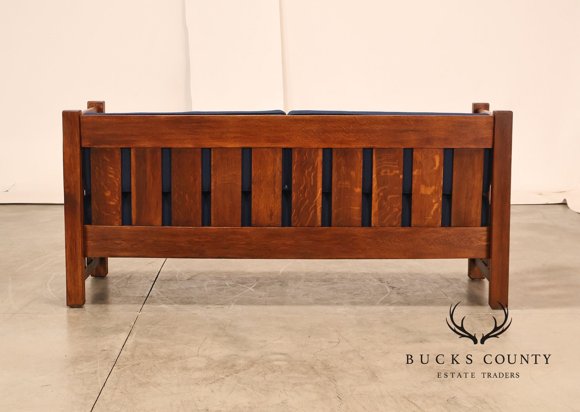Phoenix Mission Style Quarter Sawn Oak Plank Sofa With Blue Cushions