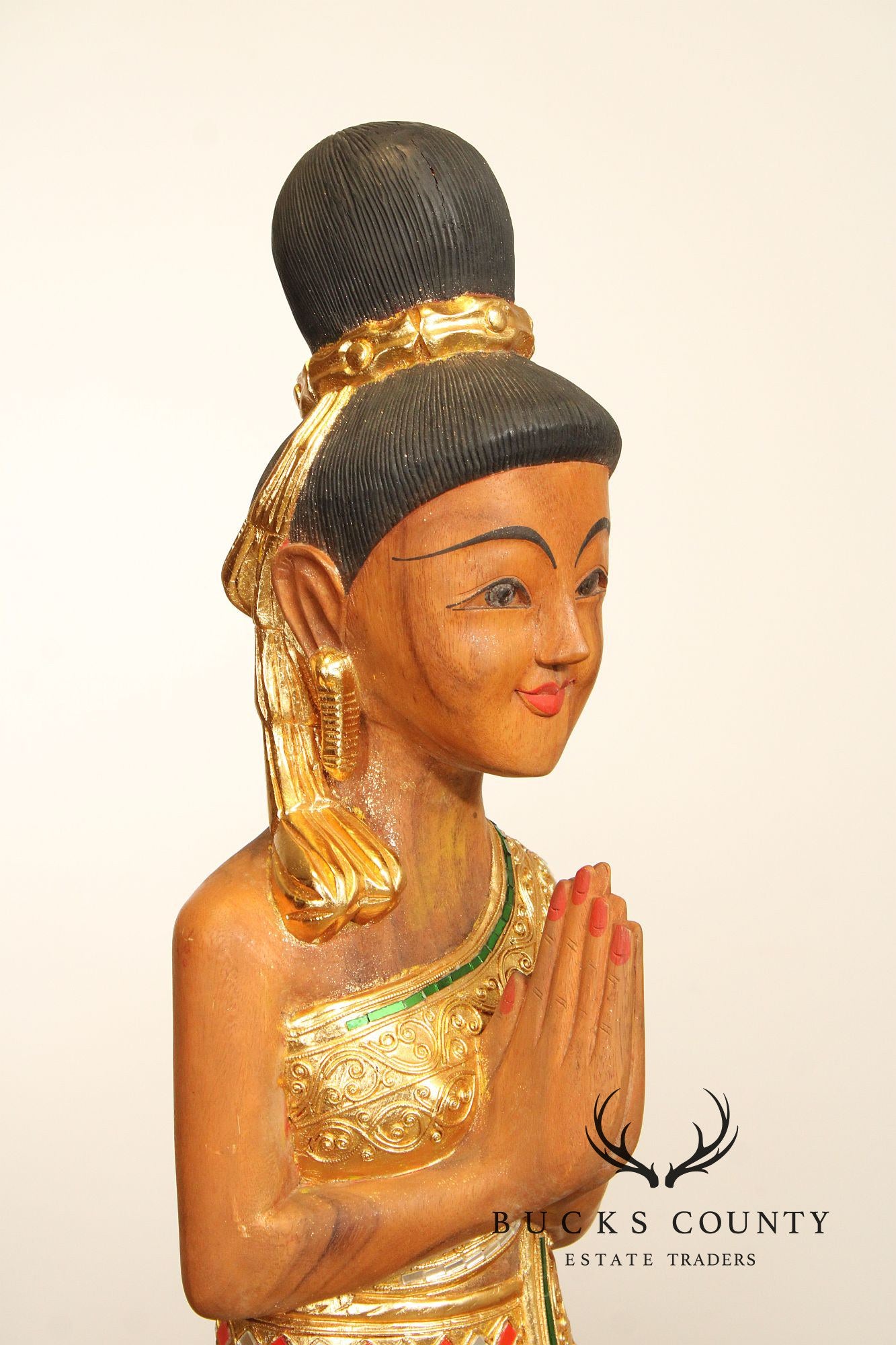 Thai Style Pair of 'Sawasdee' Carved Lady Statues