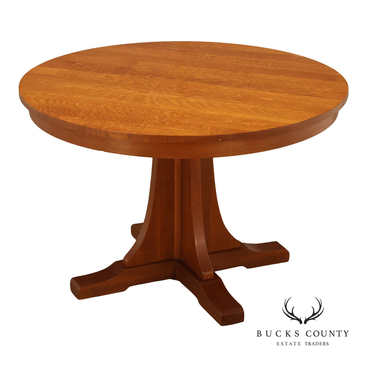 Stickley Mission Collection Round Oak Pedestal Dining Table With Two Leaves