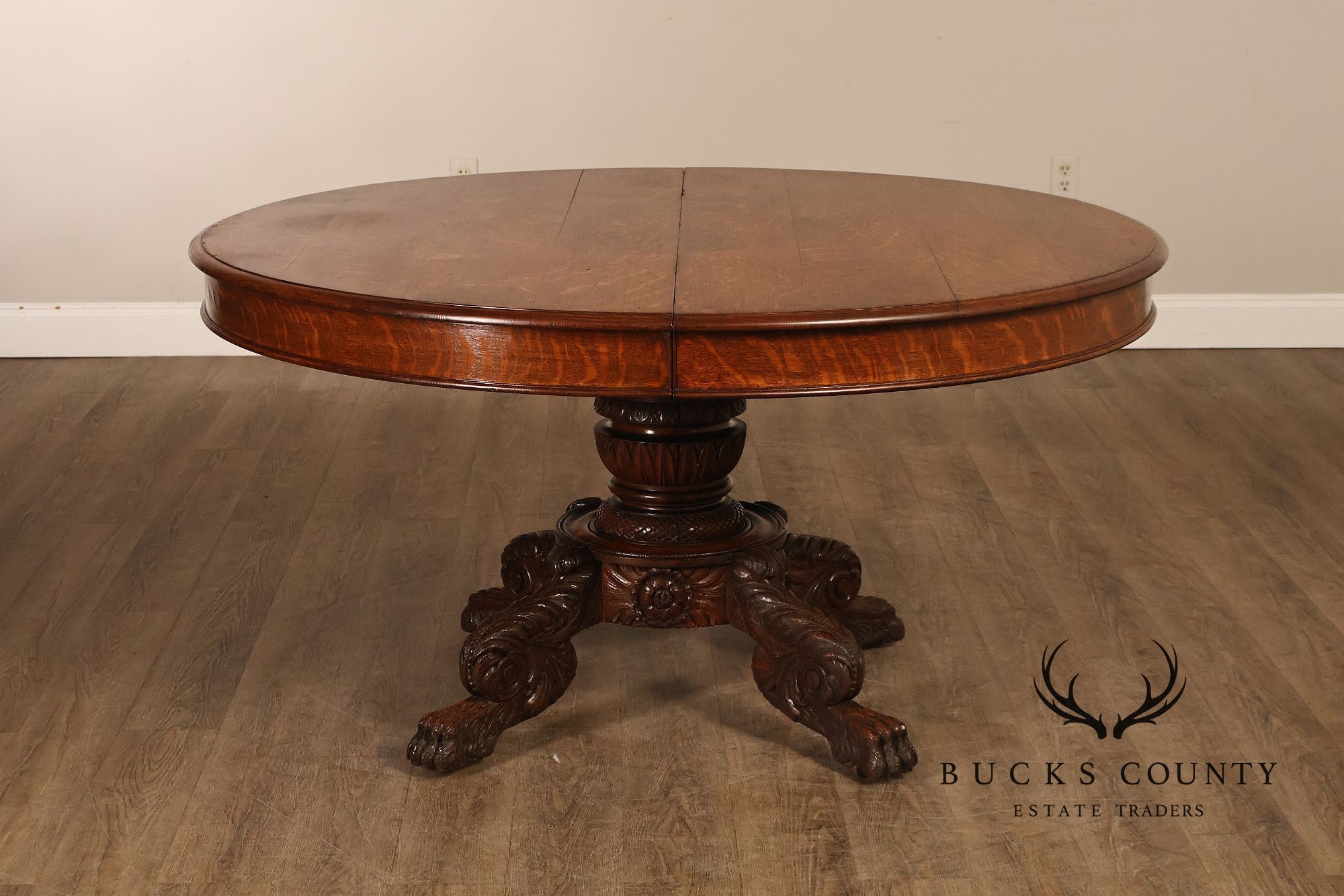 Antique 57 inch Round Oak Pedestal Dining Table With Carved Claw Feet