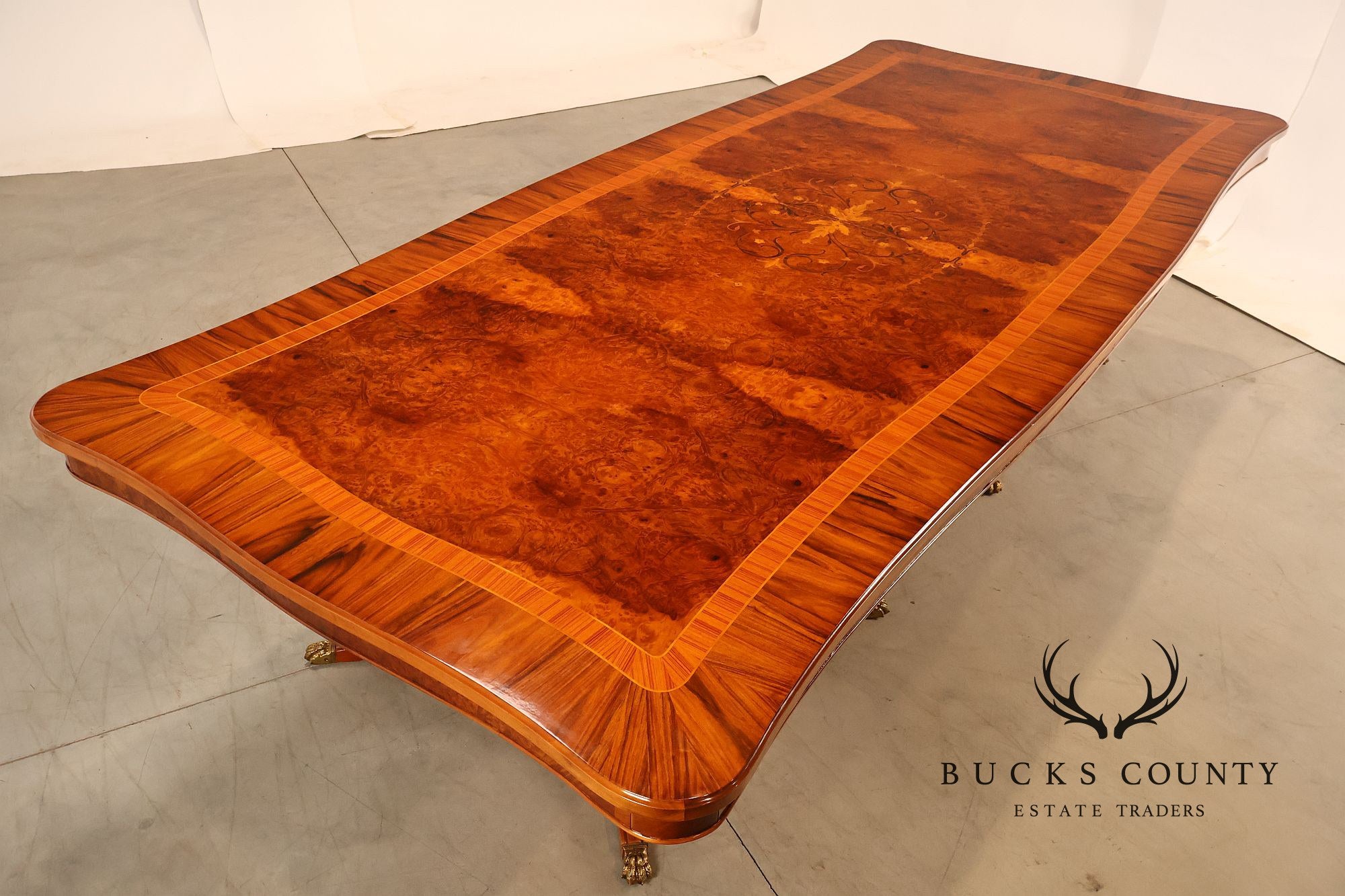 Exceptional Italian Burlwood Inlaid Double Pedestal Extendable Dining Table