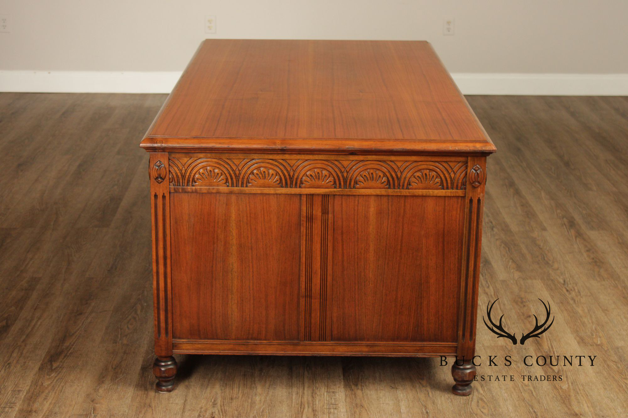 1930 Walnut Carved Pedestal Executive Desk with Pull-Out Writing Slides