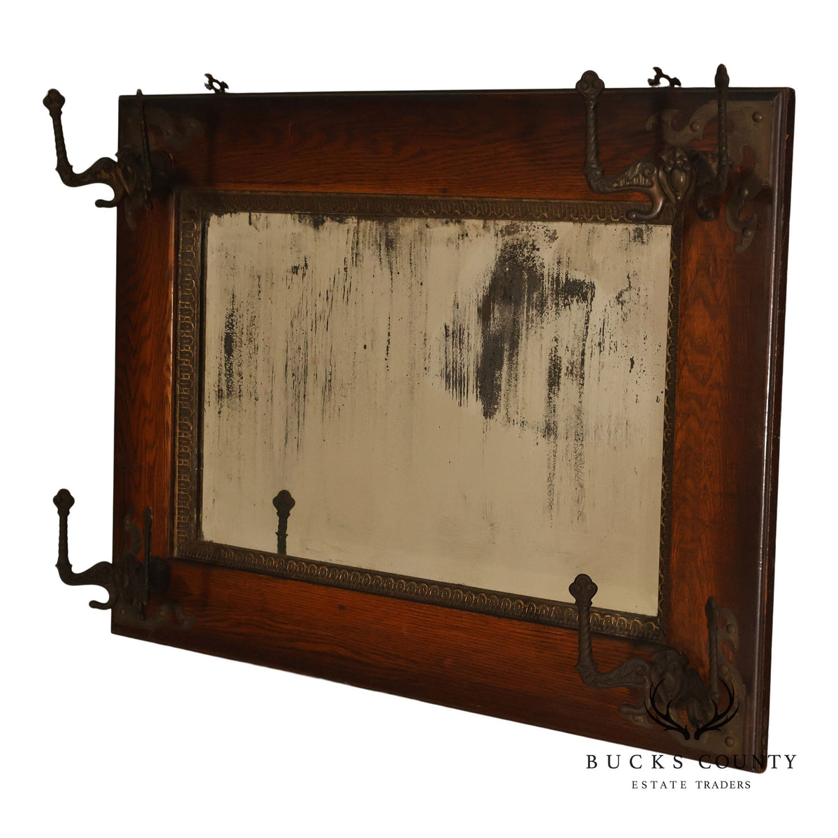 Antique Victorian Oak Wall Mirror With Cast Iron Coat Hooks