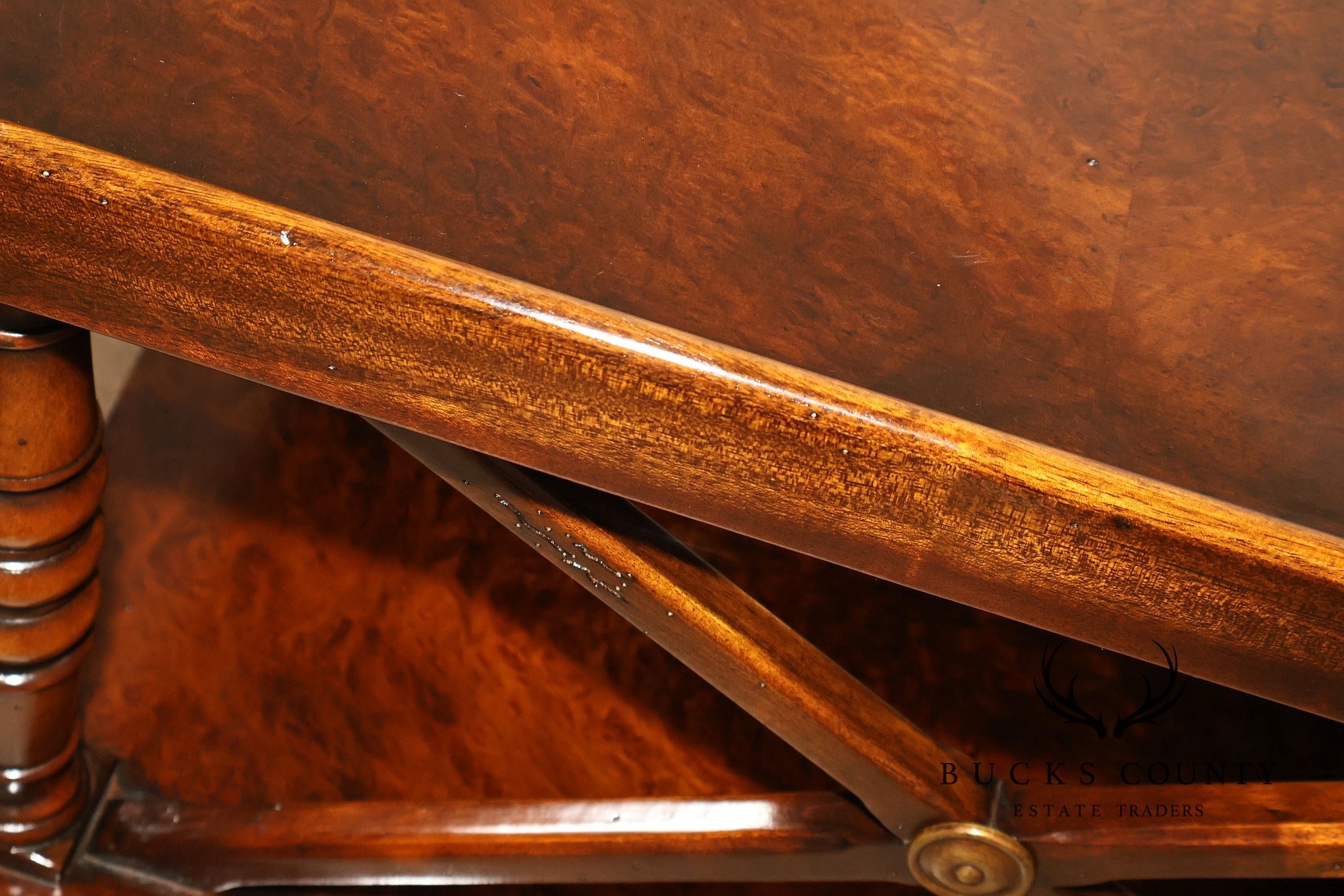 Regency Style Burl Wood Two-Tier Square Coffee Table On Brass Casters