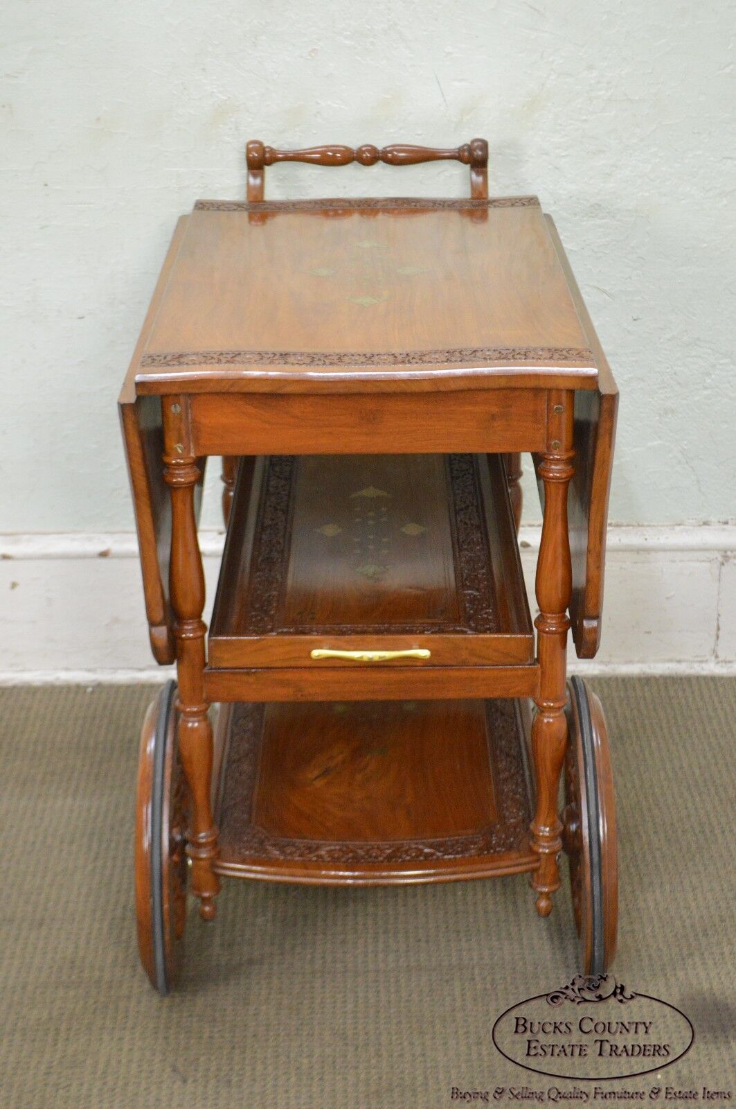 India Teak Wood Brass Marquetry Inlaid Serving Tea Cart