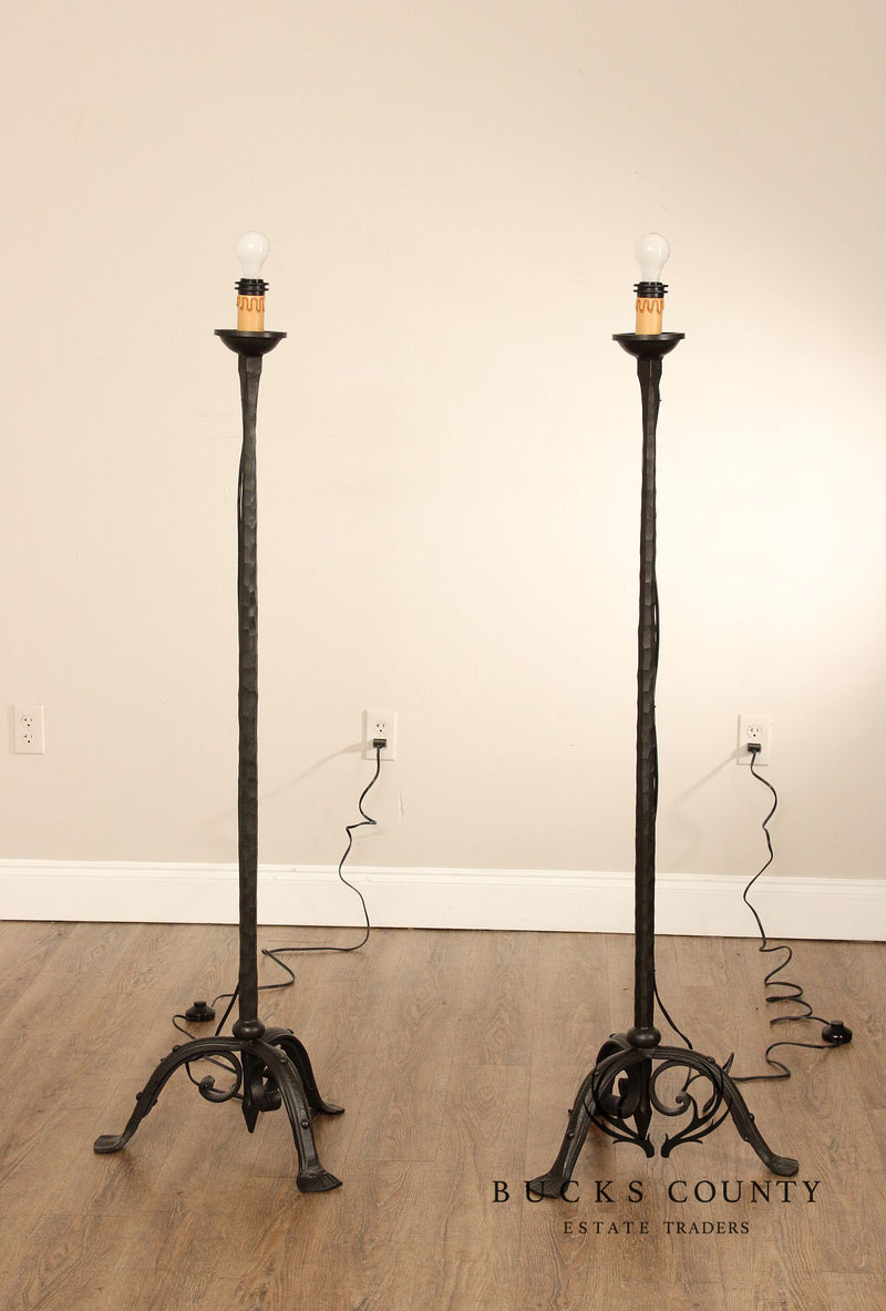 Gothic Revival Style Pair of Forged Iron Torchiere Floor Lamps