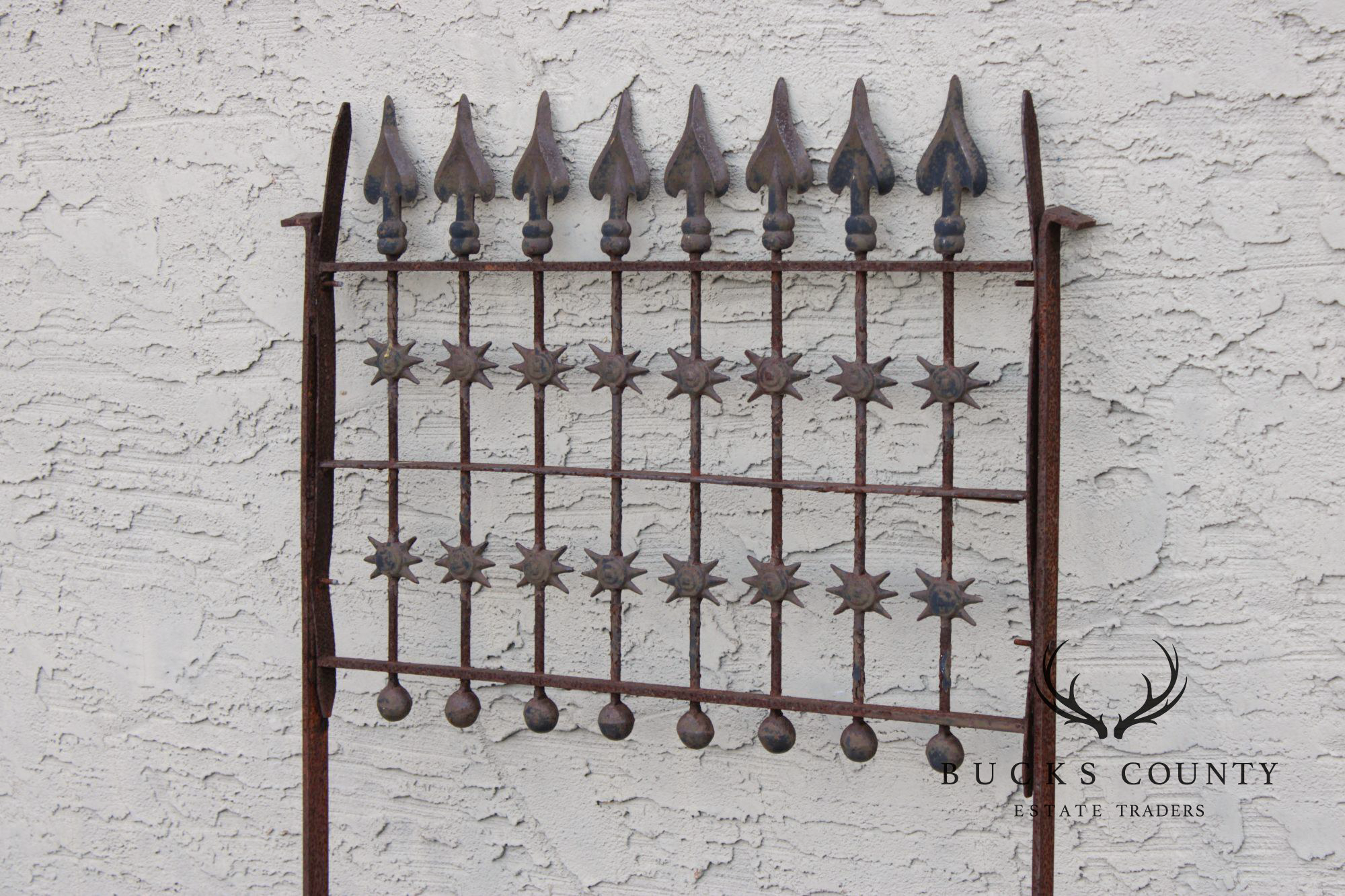 Antique Cast Iron Garden Fence Section With Spear Finials And Star Motif