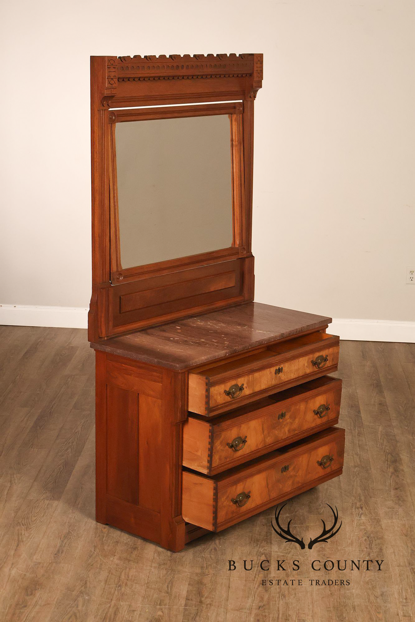 Antique Victorian Eastlake Walnut Marble Top Dresser With Mirror