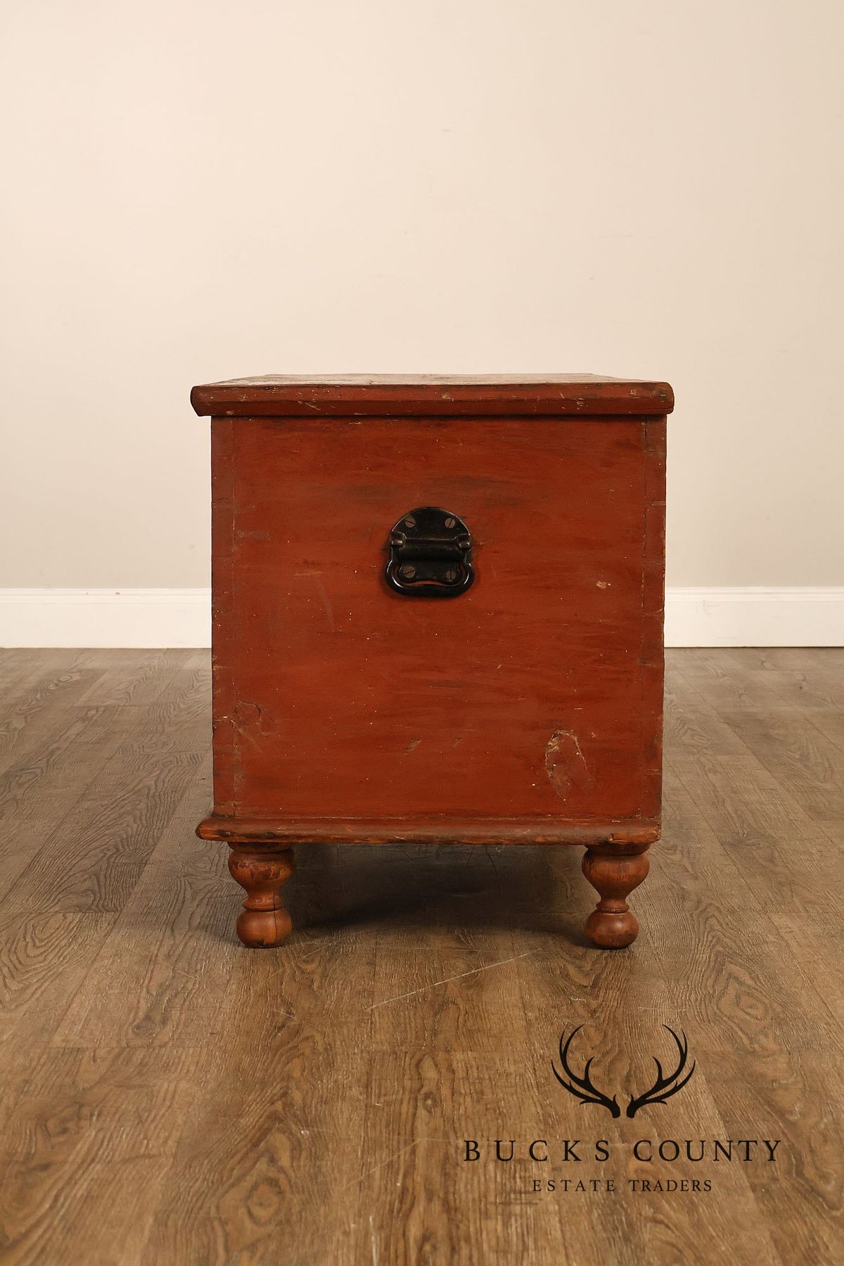 Antique Primitive Pine Painted Blanket Chest On Turned Feet
