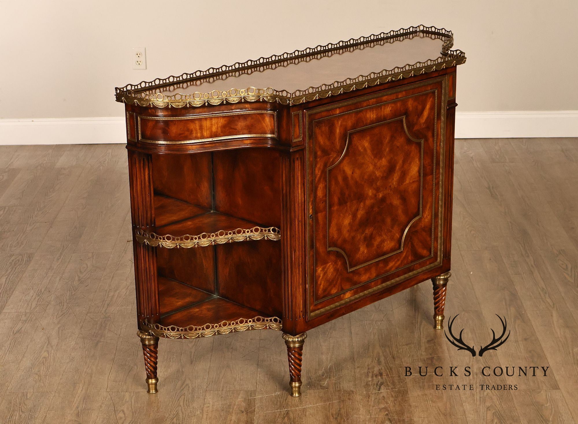 Theodore Alexander French Louis XVI Style Burl Wood Brass Mounted Gallery Top Pair Of Side Cabinets