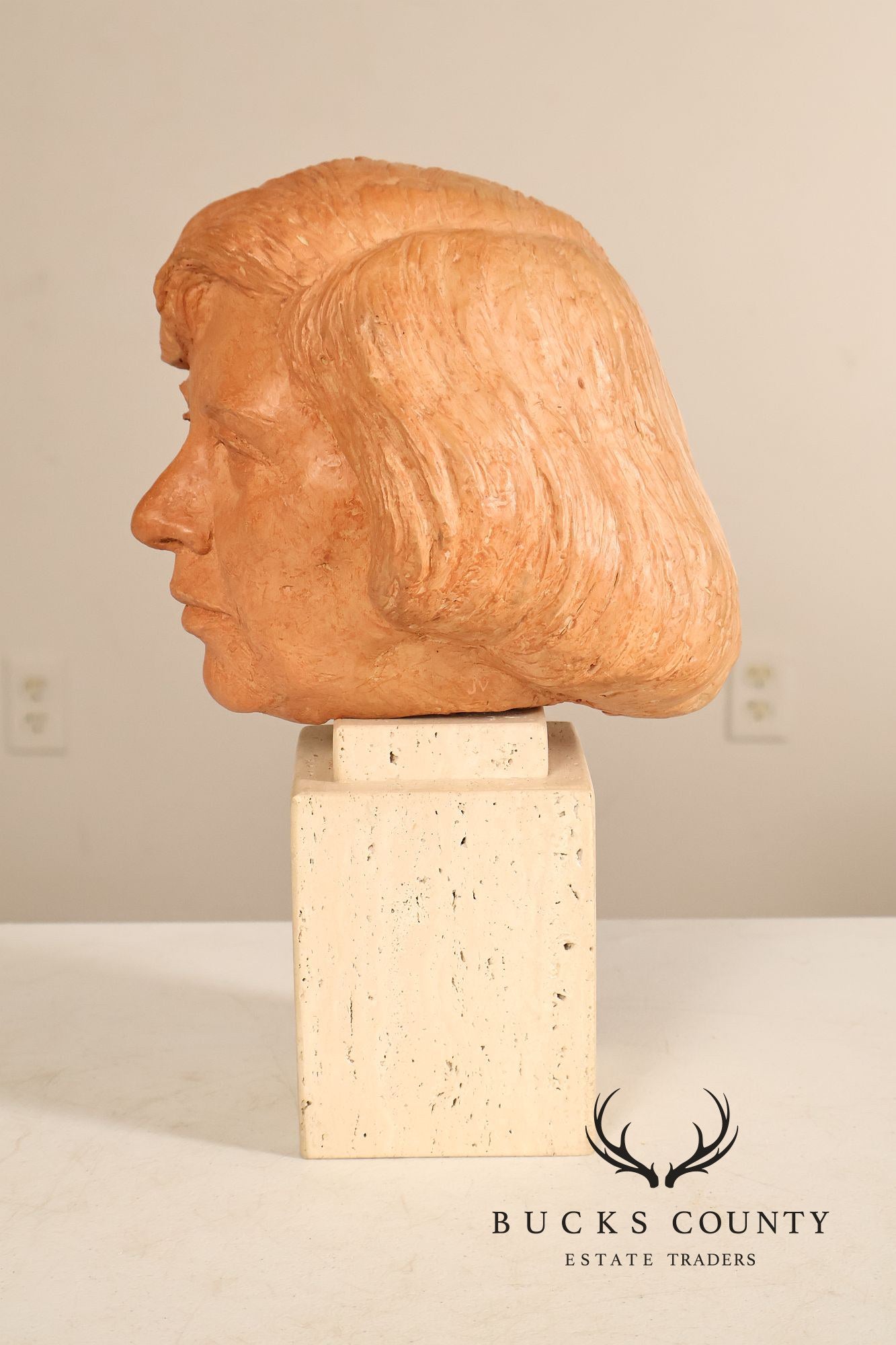 Contemporary Terracotta Female Portrait Bust Sculpture On Travertine Pedestal Base