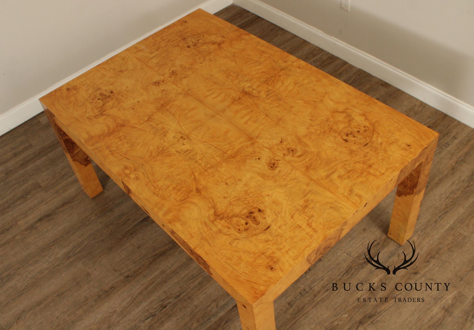 Mid-Century Modern Burlwood Parsons Extension Dining Table with 2 Leaves