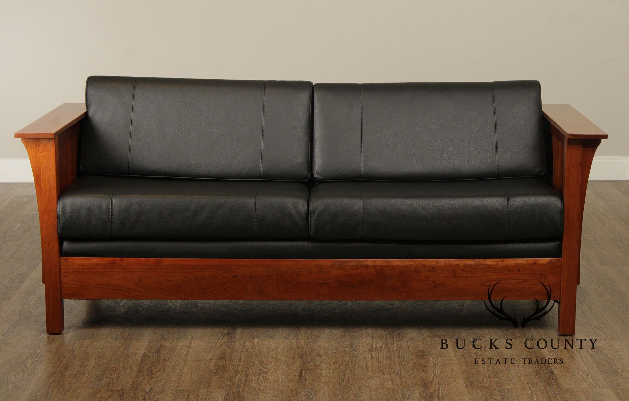 Stickley Mission Collection Cherry And Black Leather Sofa