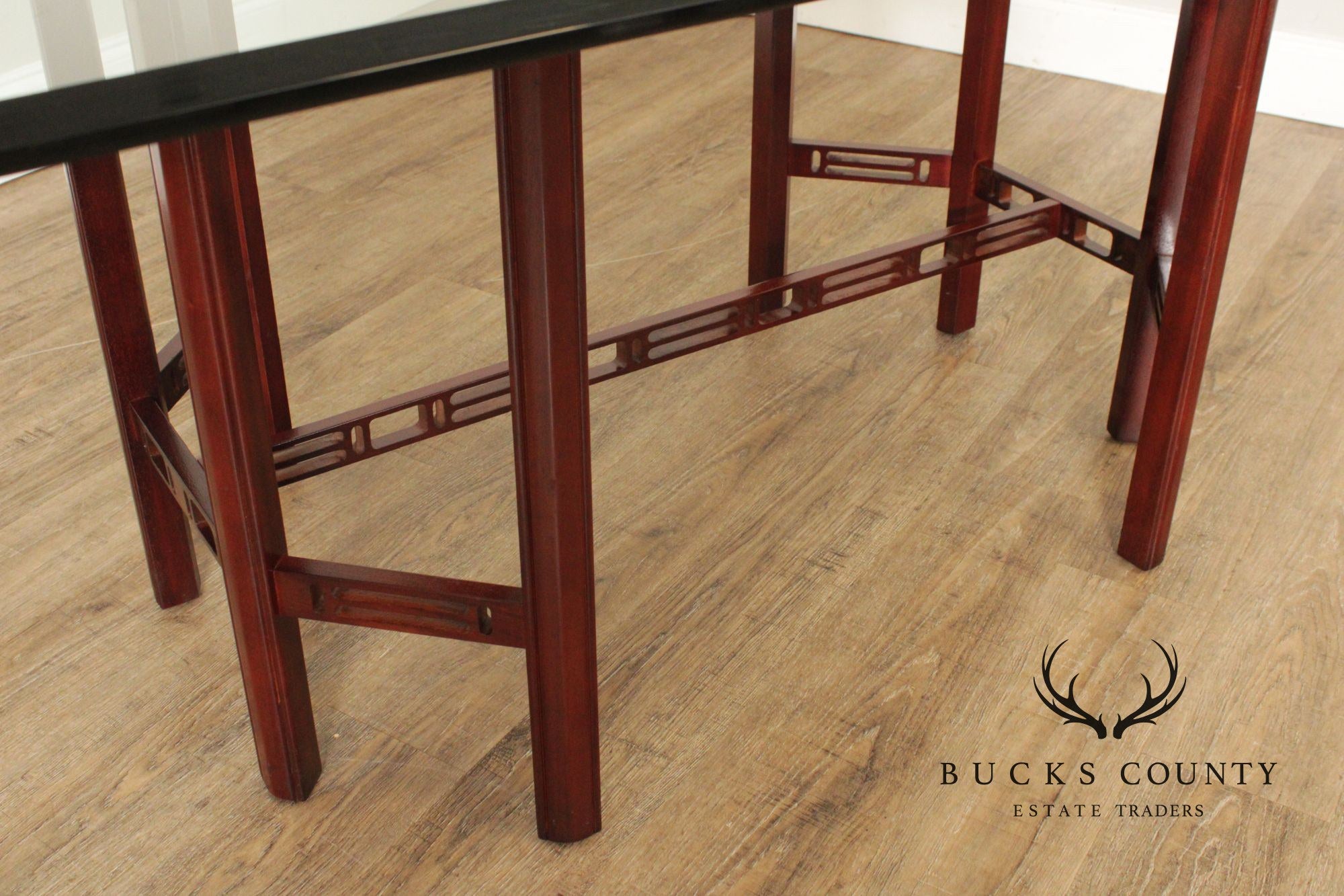 Chinese Chippendale Style Glass Top Mahogany Dining Table