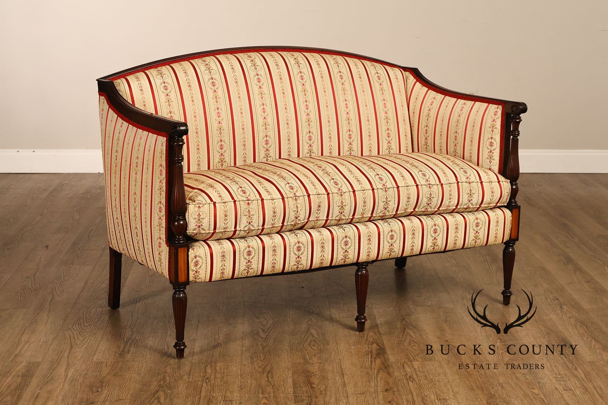 Vintage Sheraton Style Mahogany Inlaid Upholstered Loveseat