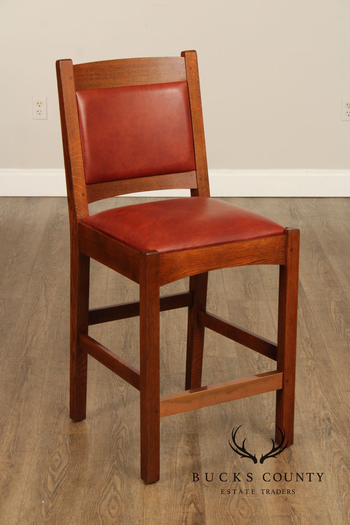 Stickley Mission Collection Pair of Oak And Leather Counter Stools