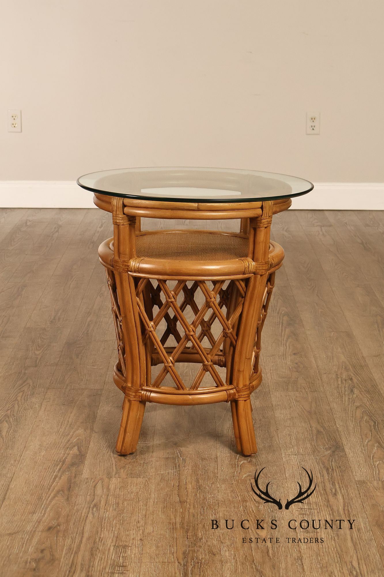 Boho Chic Pair of Round Glass Top Bamboo End Tables
