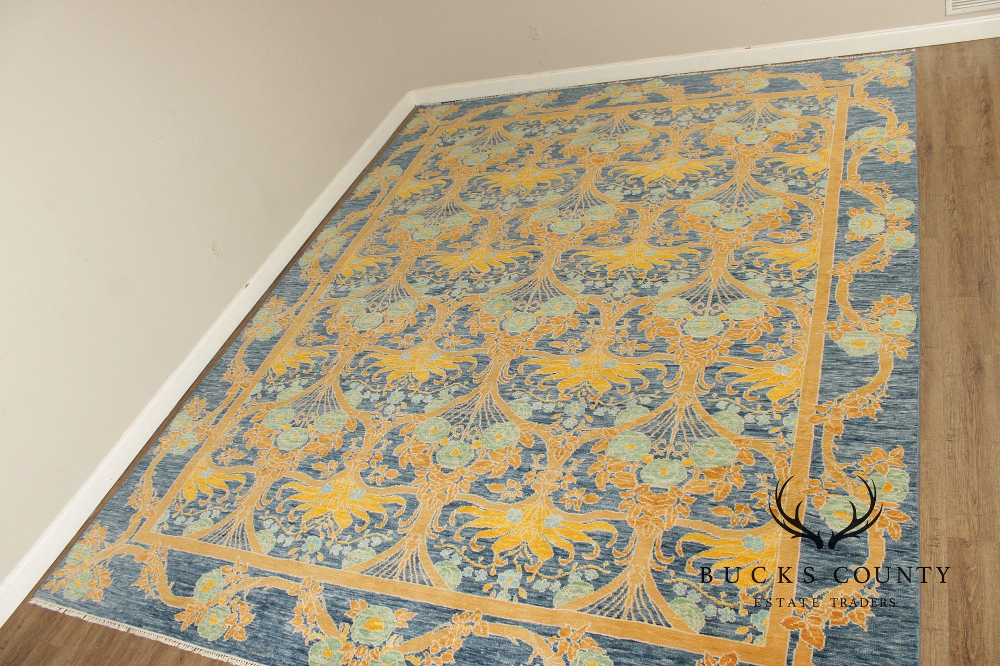 Golden Nile William Morris Style Large Blue And Gold Wool Area Rug