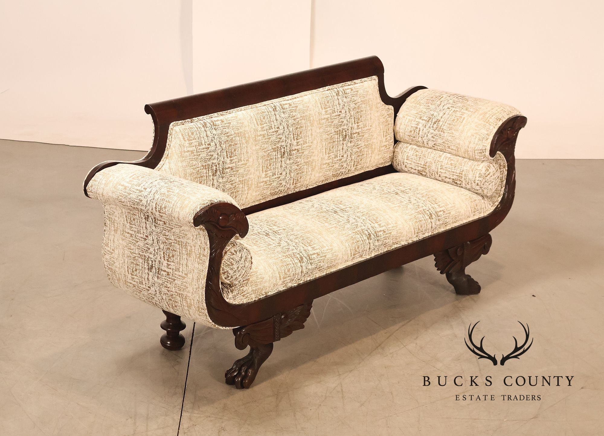 Antique American Upholstered Empire Style Carved Mahogany Sofa