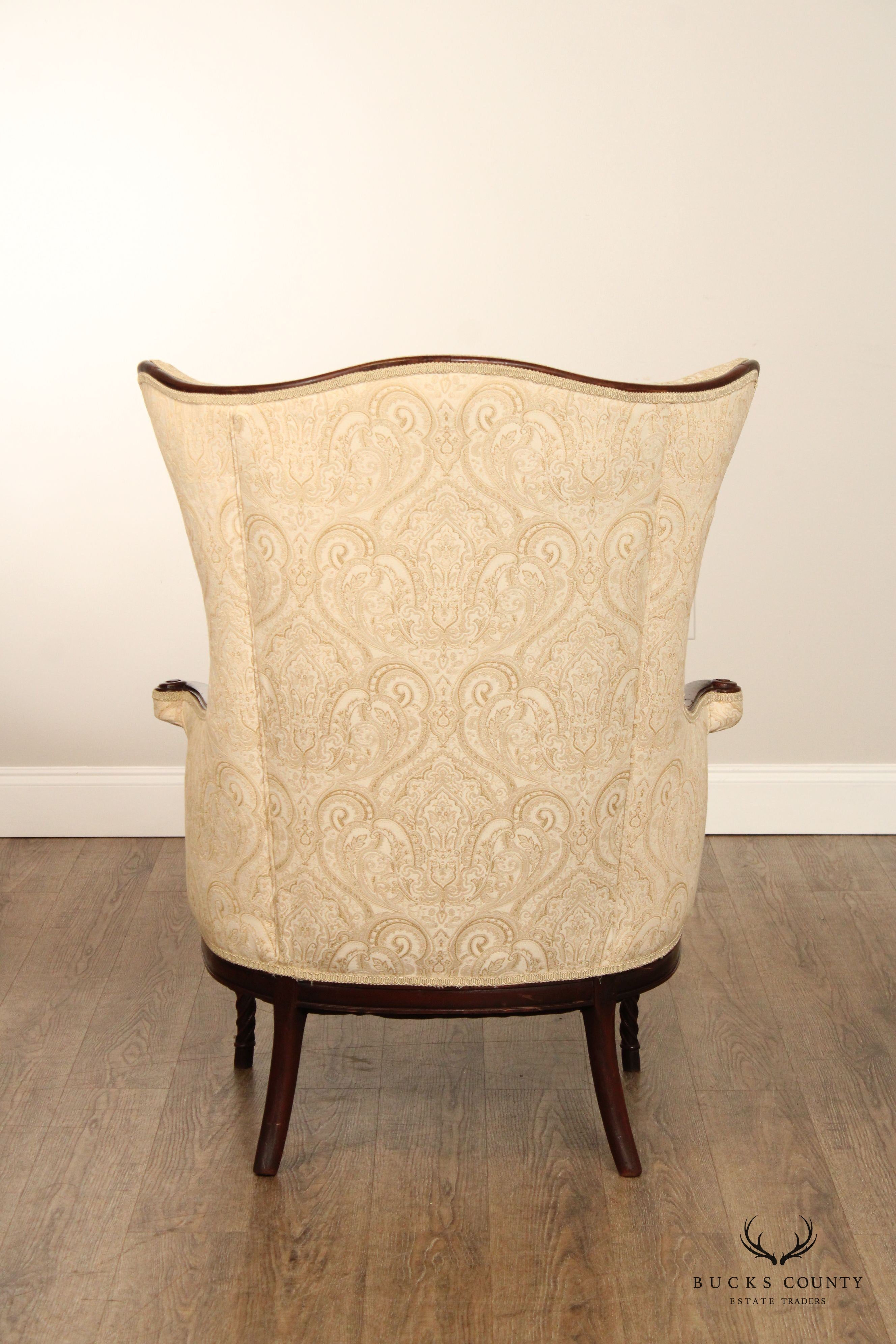 1940's Regency Style Mahogany Frame Damask Wing Chair