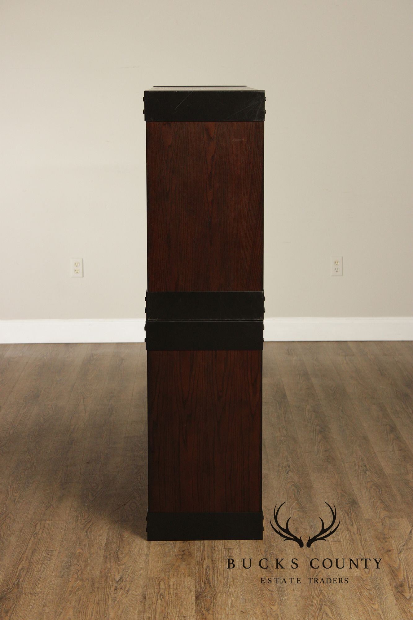 Contemporary Pair Of Open Display Bookcases In Dark Wood