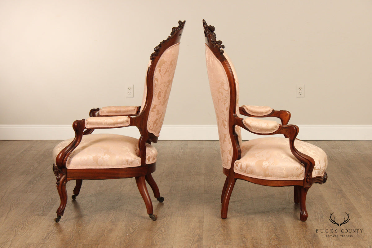 Antique Victorian Pair of Carved Walnut Armchairs