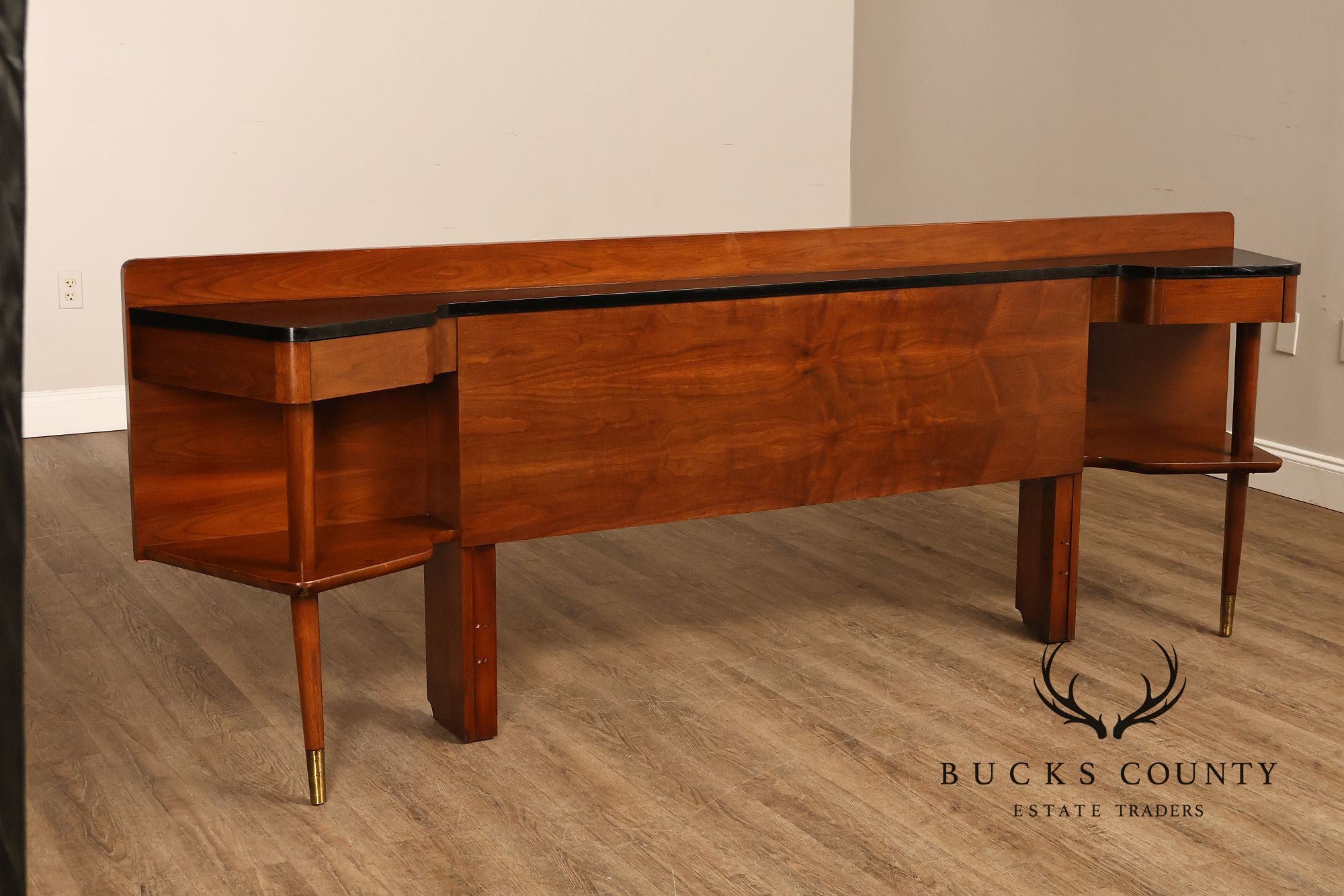 American Of Martinsville Mid-Century Modern Walnut Headboard With Black Laminate Top And Brass Feet- Full Size