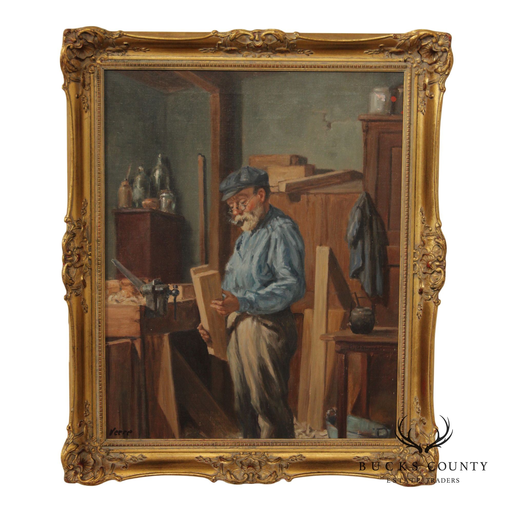 Genre Style Signed Oil Painting, The Carpenter