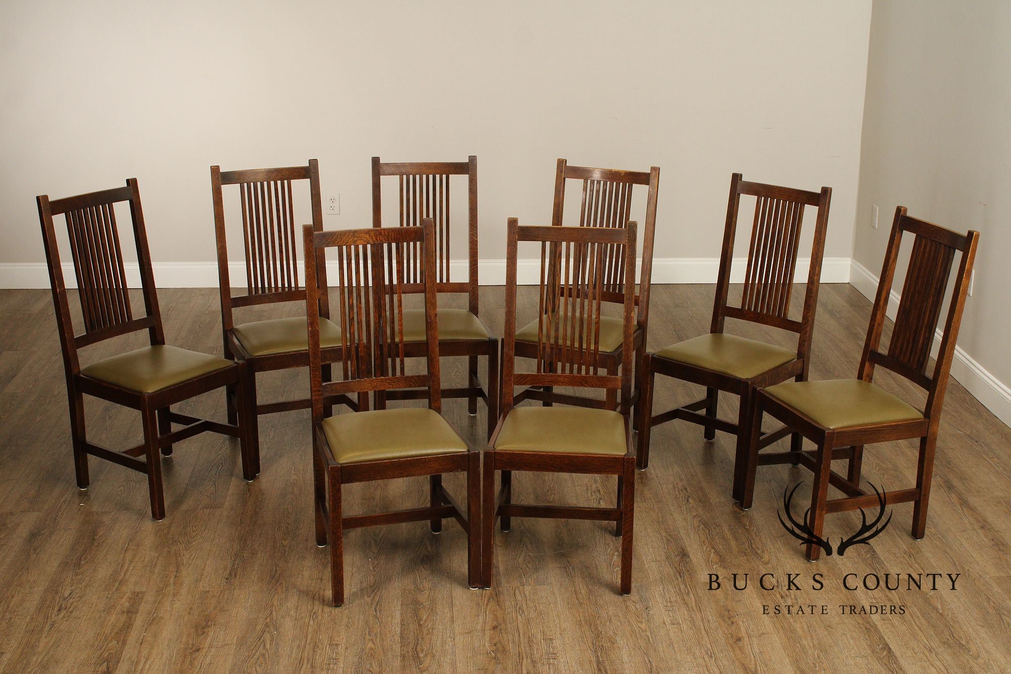 Stickley Mission Collection Set of Eight Oak Spindle Dining Chairs