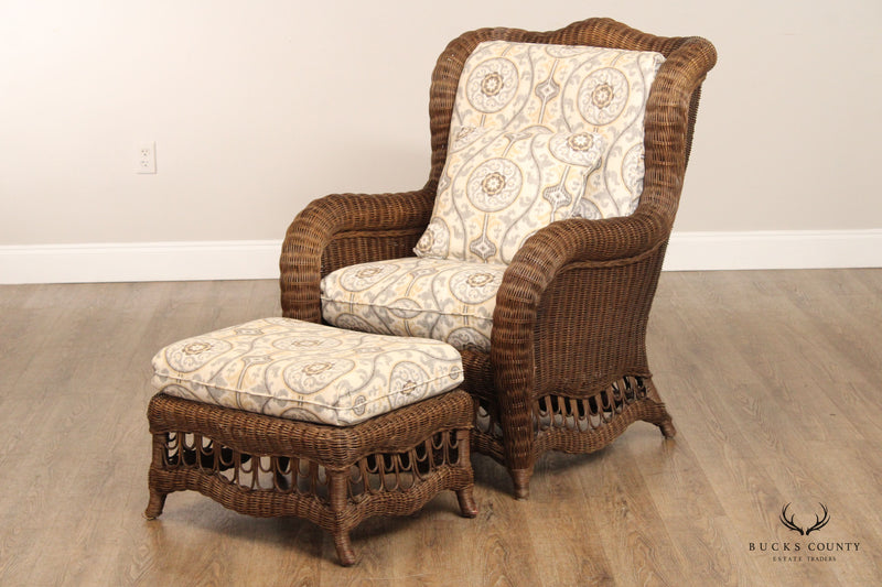 Ethan Allen Victorian Style Wicker Wing Chair and Ottoman