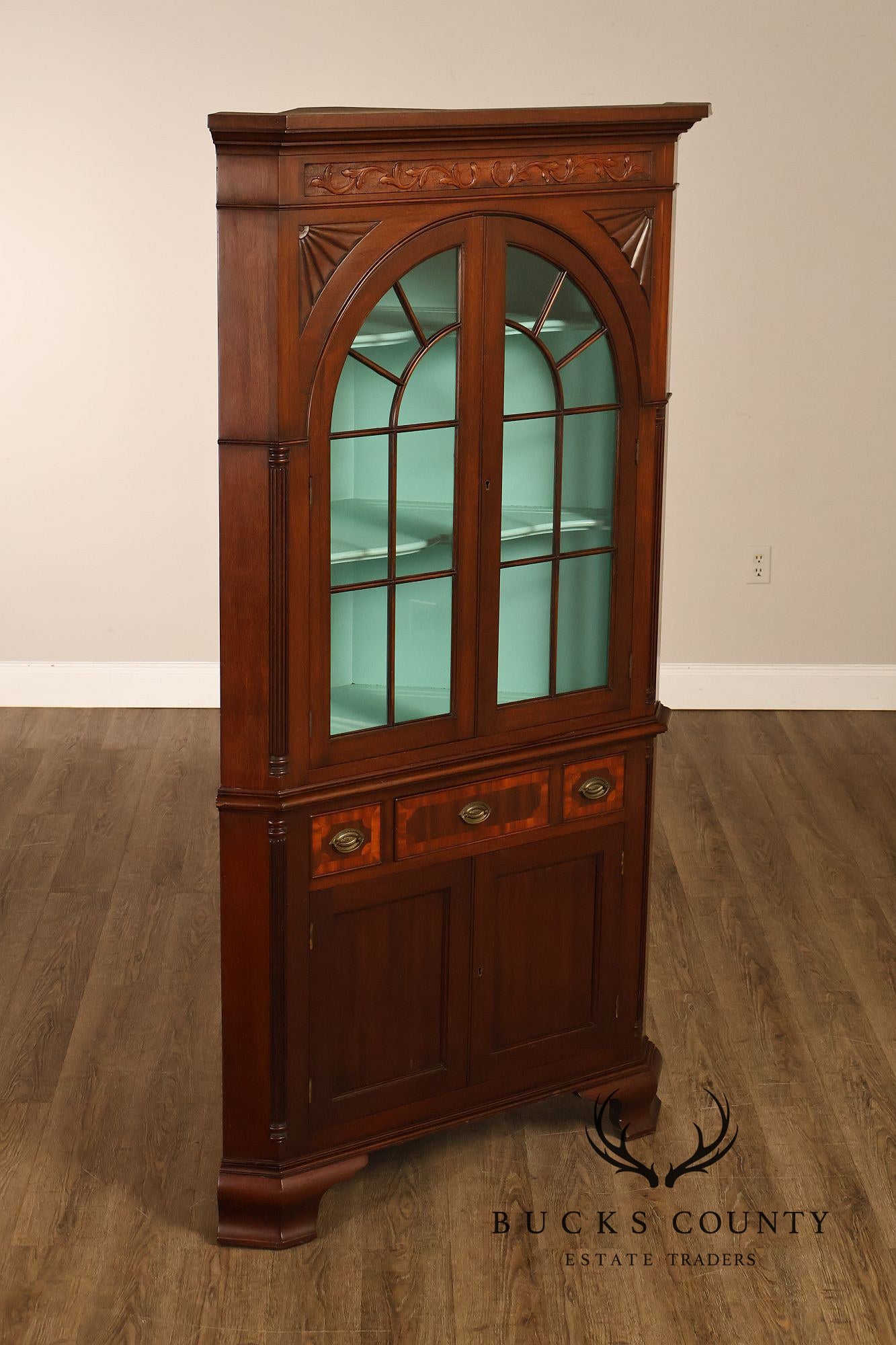 Chippendale Style Vintage Mahogany Inlaid Corner Cabinet