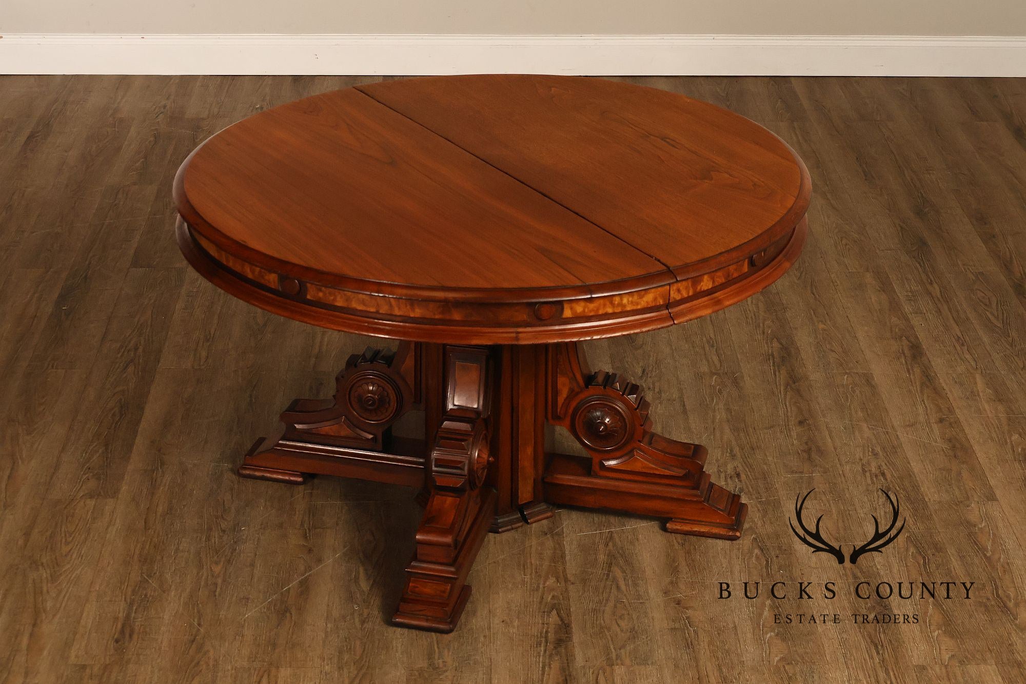 Antique Victorian Renaissance Revival Round Walnut Split Pedestal Extension Dining Table