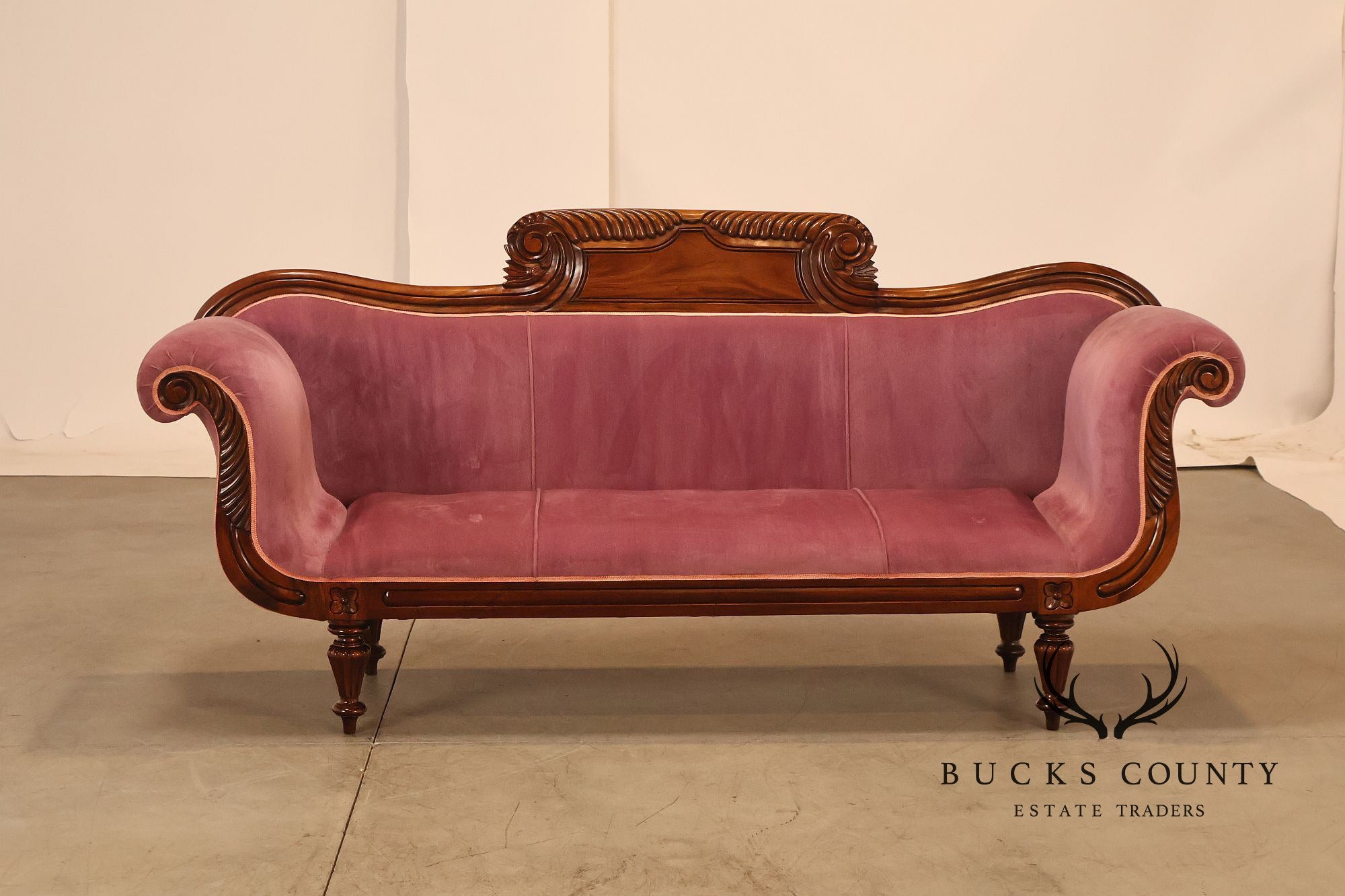 Victorian Style Mahogany Carved Wood Framed Pink Velour Upholstered Sofa
