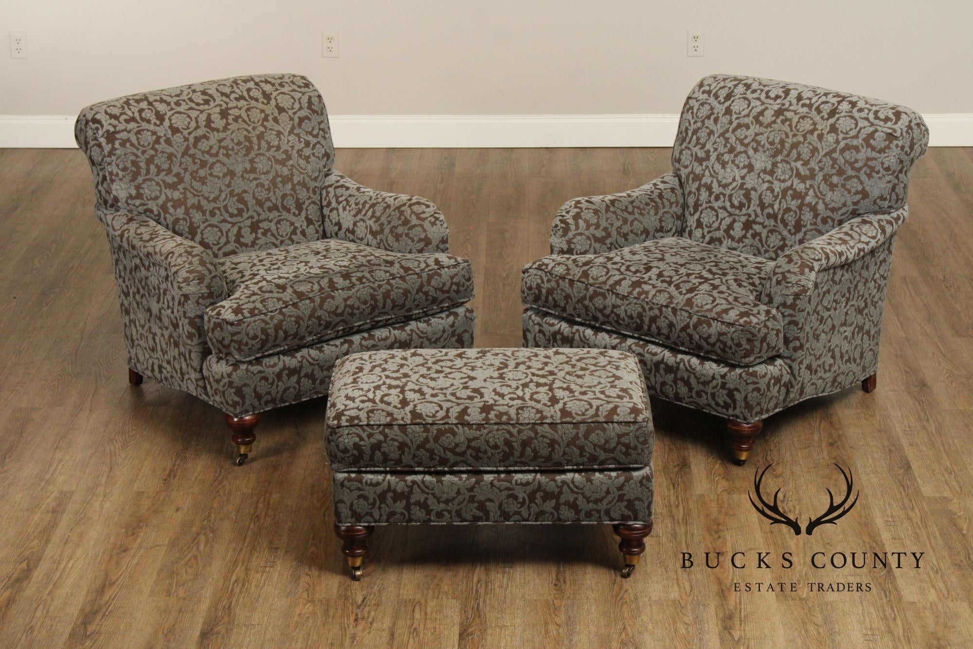 Robert Allen English Traditional Pair of Lounge Chairs and Ottoman