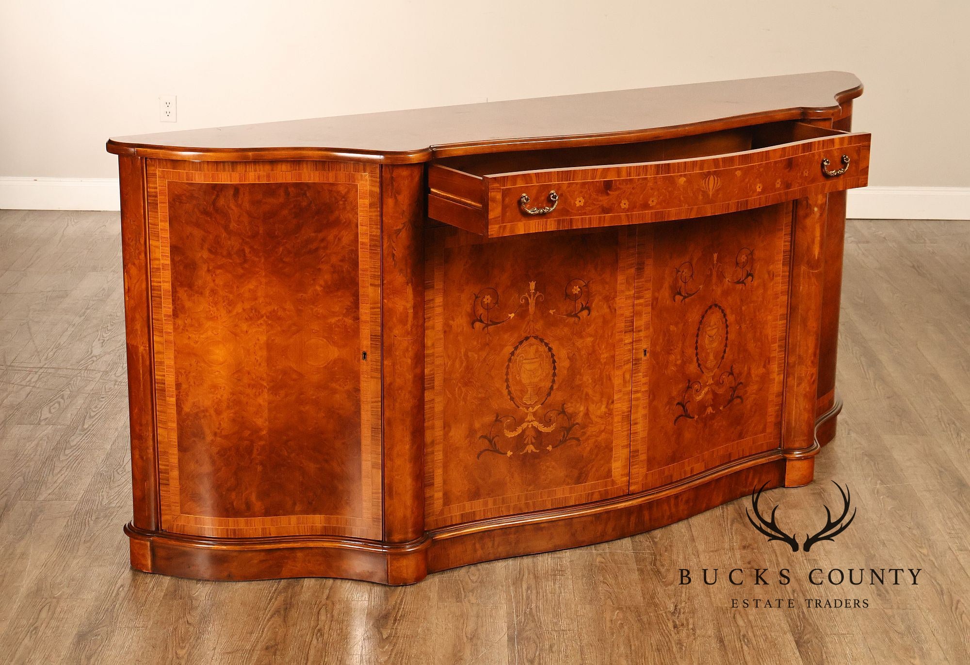 Italian Neoclassical Style Burl Wood Marquetry Inlaid Serpentine Sideboard