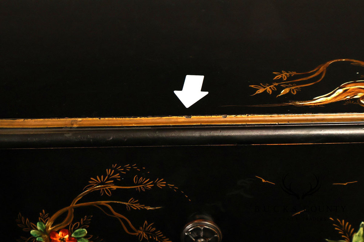 Chinoiserie Style Black Lacquer Hand Painted Sideboard With Hidden Secretary Desk