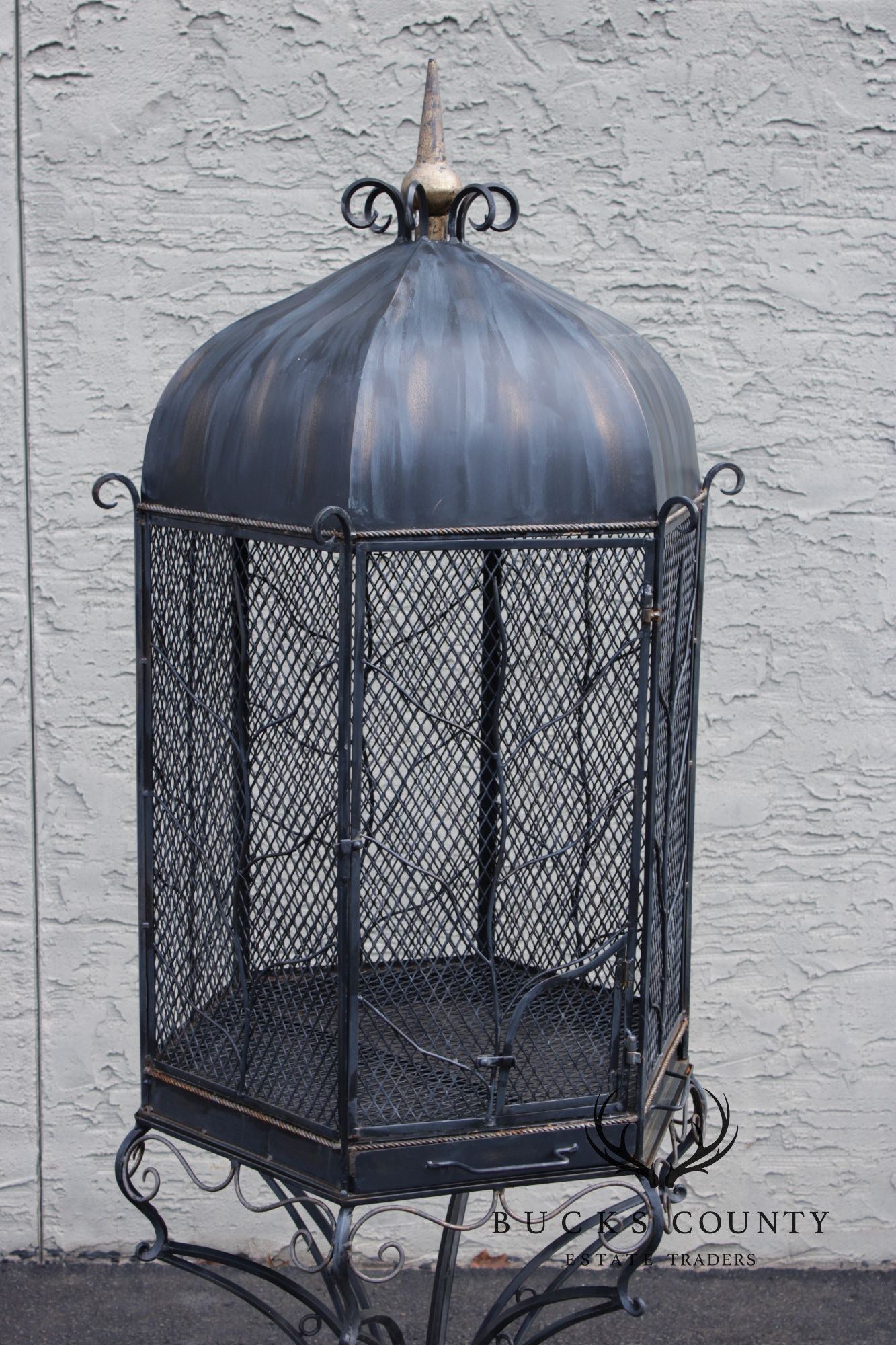 Vintage Wrought Iron Garden Bird Cage On Stand