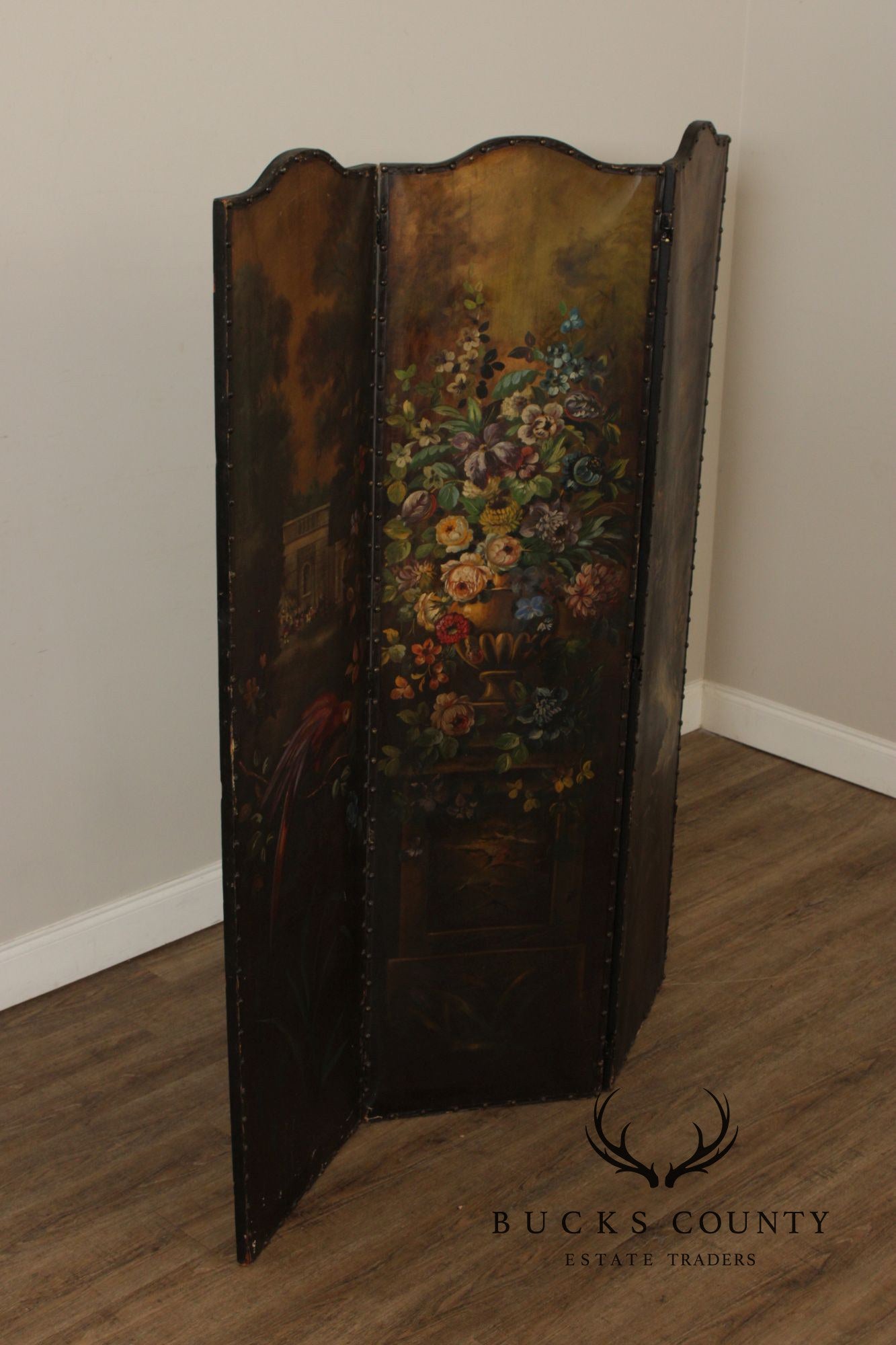 Antique Style 3-Panel Hand-Painted Oil On Canvas Floor Screen Room Divider With Floral Still Life, Birds & Garden Landscape