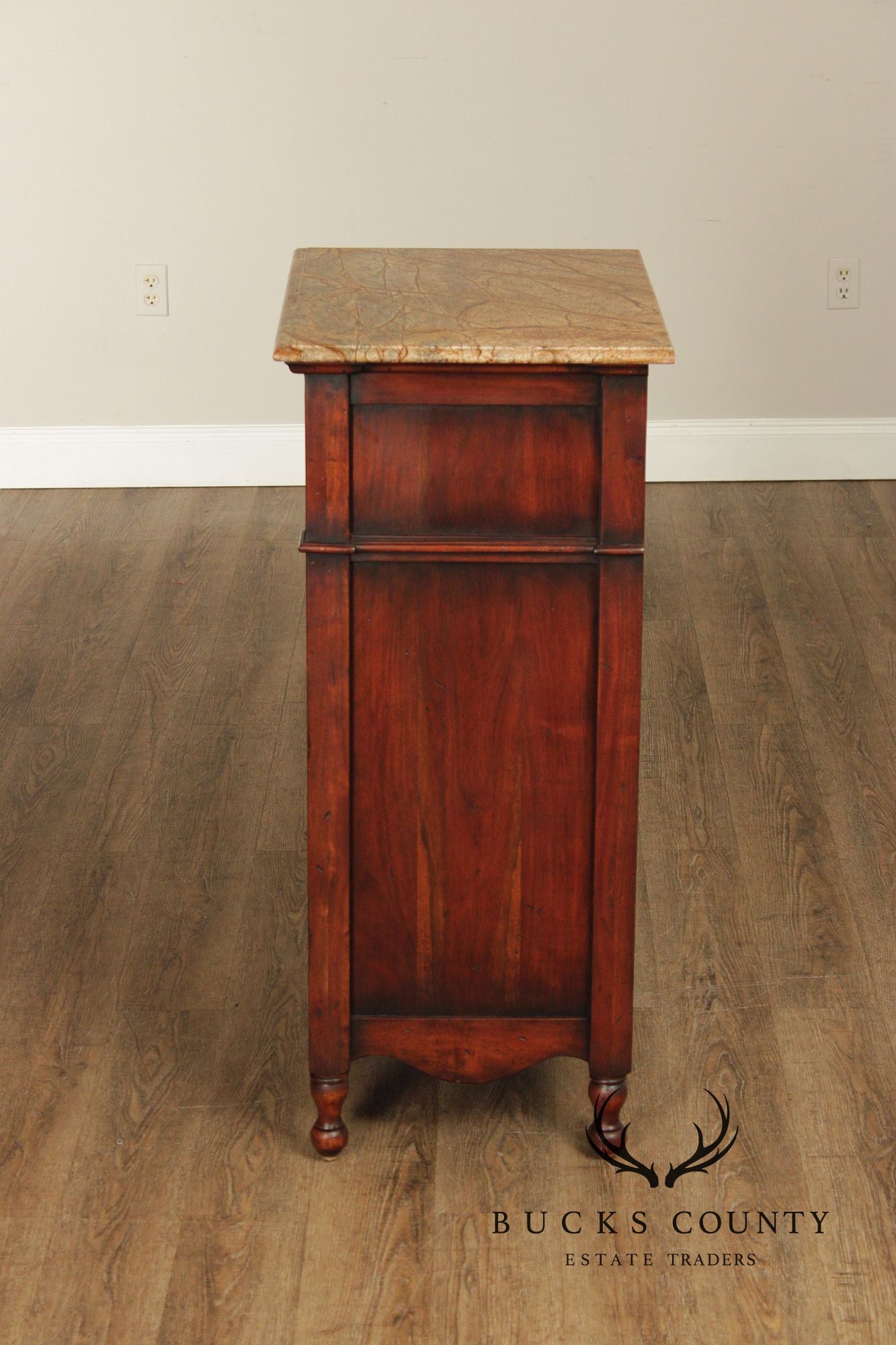 French Country Style Marble Top Wine Rack Cabinet With Drawer, Cherry Finish