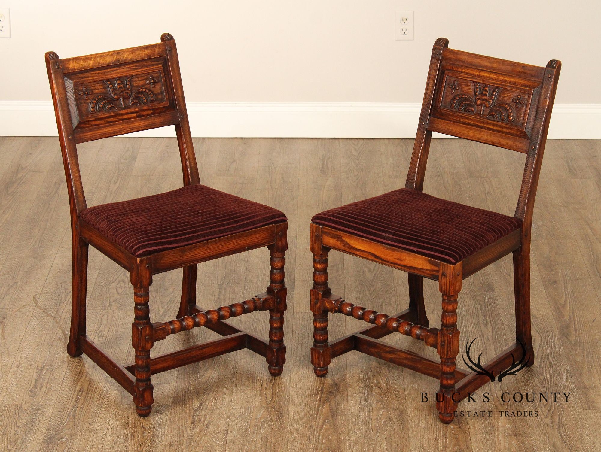 Jamestown Lounge Feudal Oak Pair of Carved Side Chairs