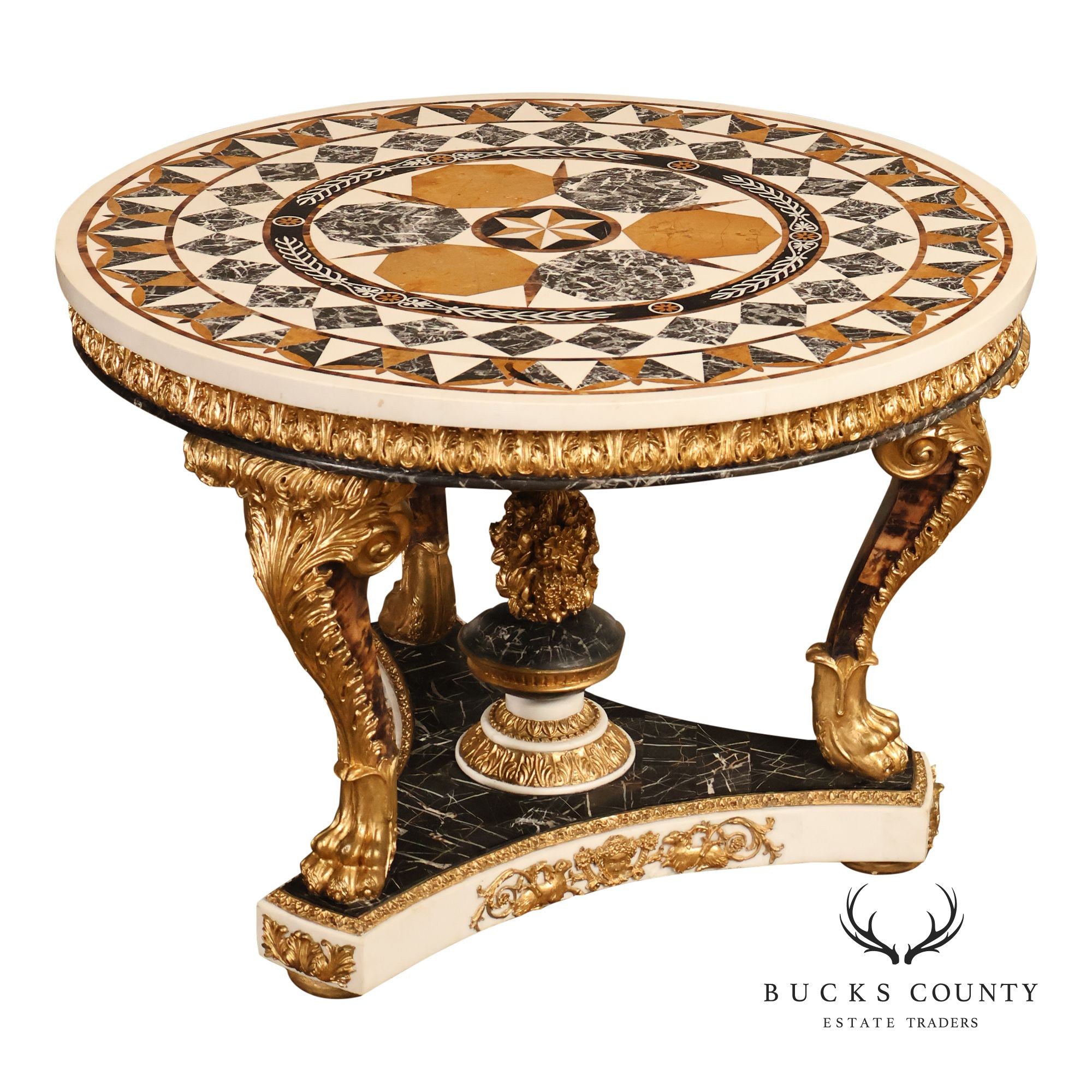 Empire Style Round Pietra Dura Center Table With Gilt Carved Base